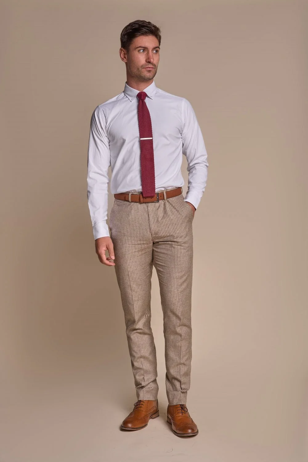 Men’s Slim Fit Pinstripe Beige Suit – KRAKEN Sand - Sand Beige - Image 5
