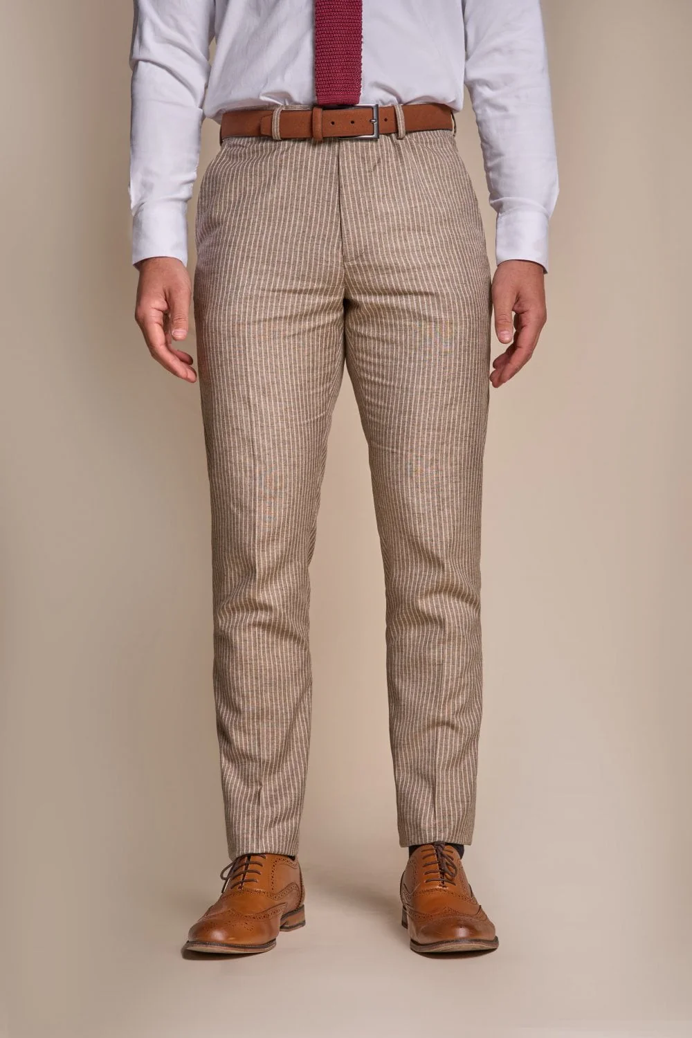 Men’s Slim Fit Pinstripe Beige Suit – KRAKEN Sand - Sand Beige - Image 6