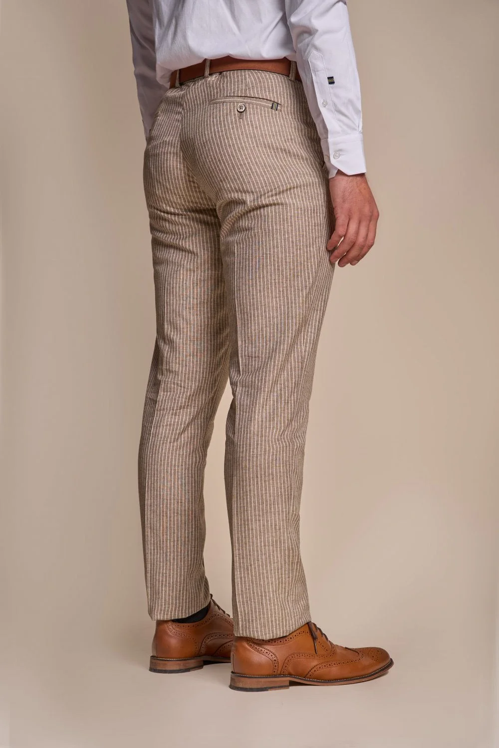 Men’s Slim Fit Pinstripe Beige Suit – KRAKEN Sand - Sand Beige - Image 7