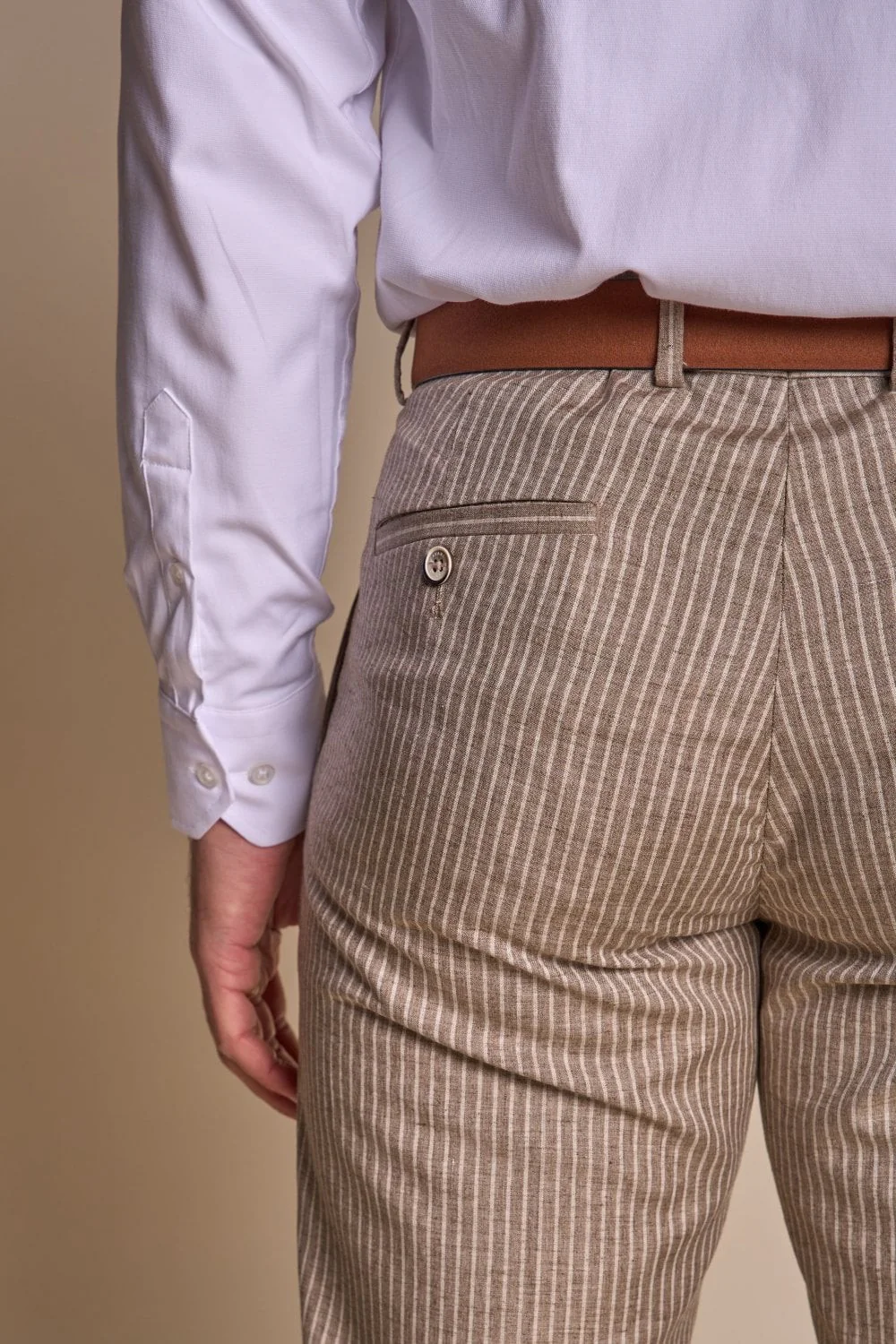 Men’s Slim Fit Pinstripe Beige Suit – KRAKEN Sand - Sand Beige - Image 8