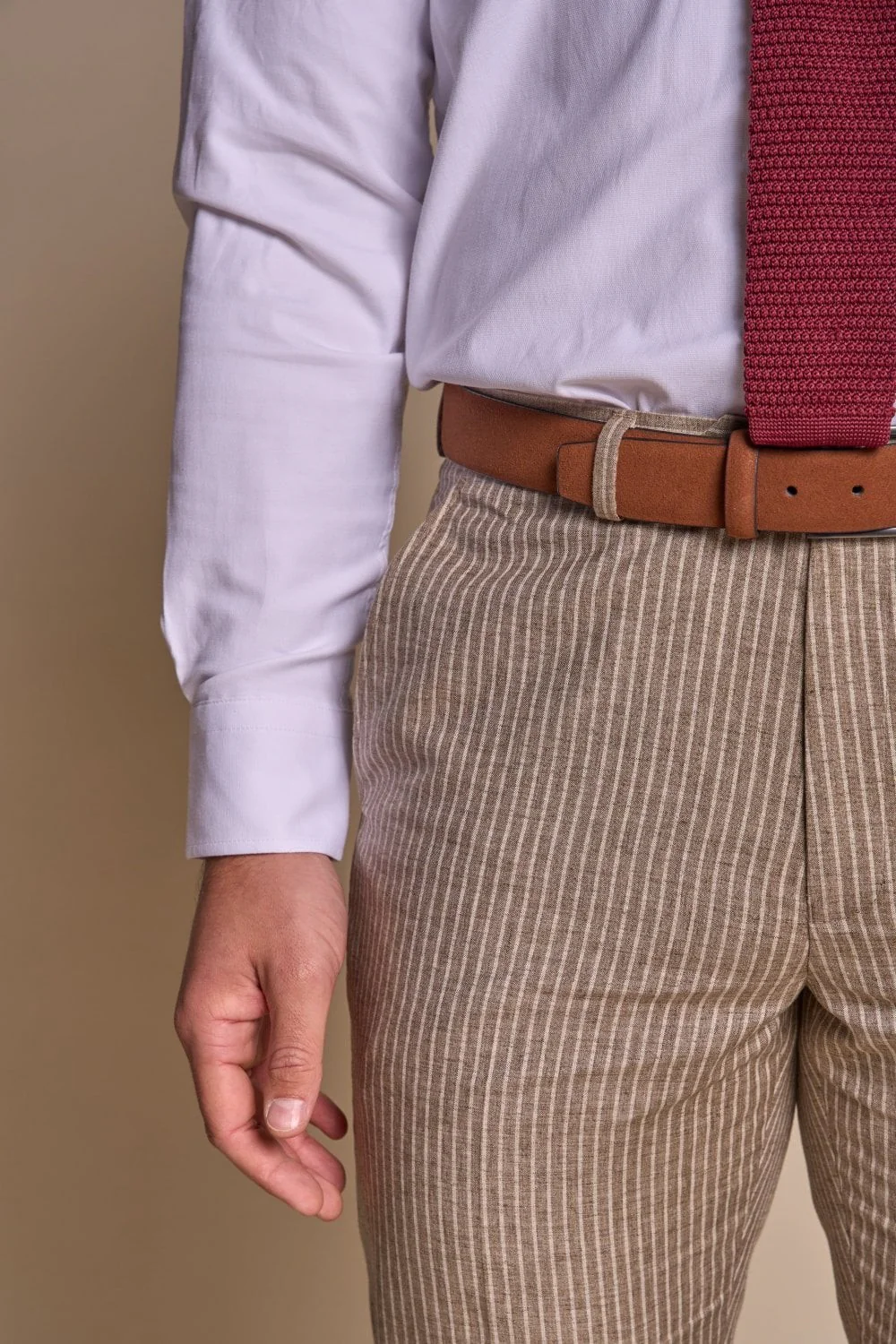 Men’s Slim Fit Pinstripe Beige Suit – KRAKEN Sand - Sand Beige - Image 9
