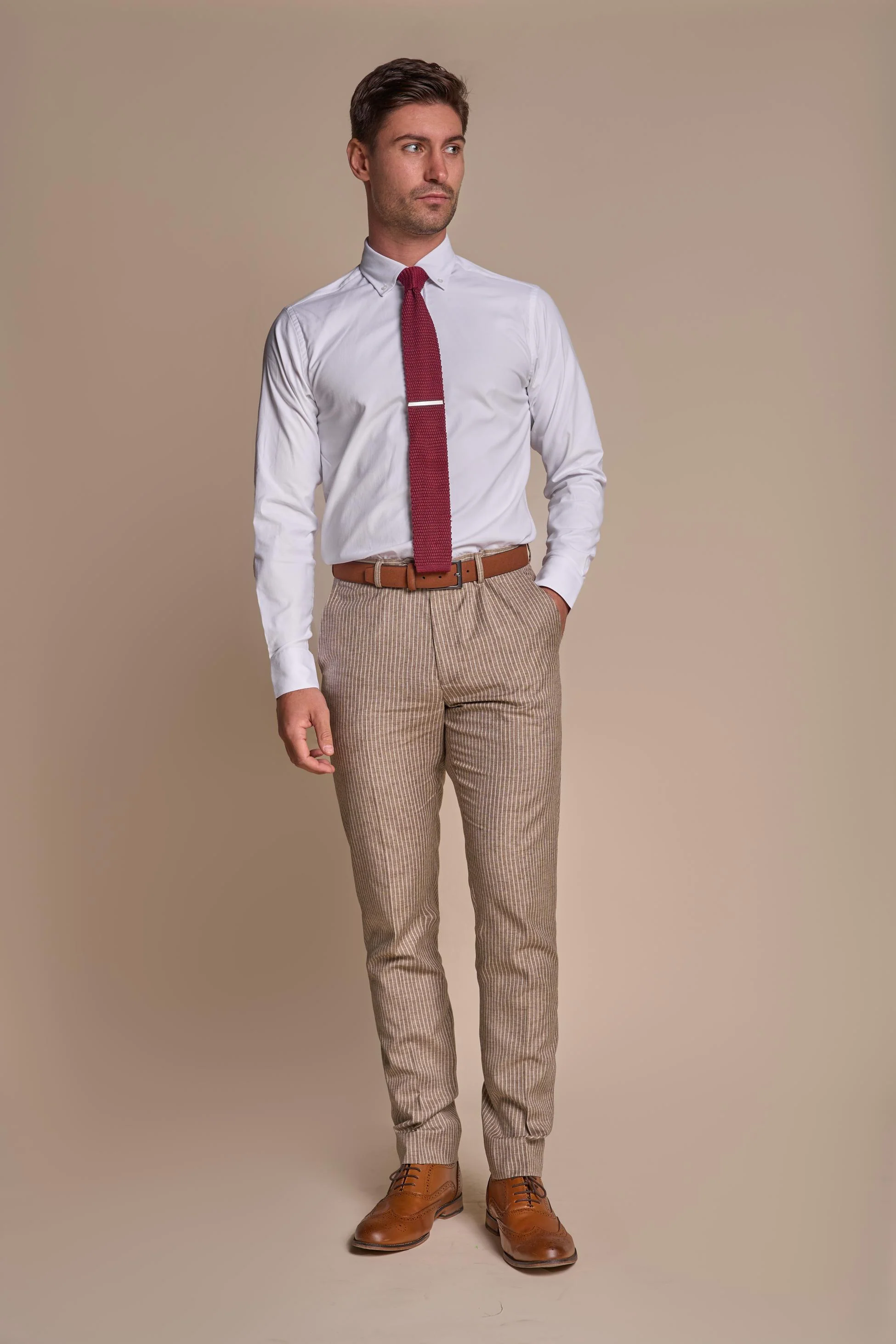 Men’s Slim Fit Pinstripe Beige Trousers – KRAKEN Sand - Sand Beige - Image 2