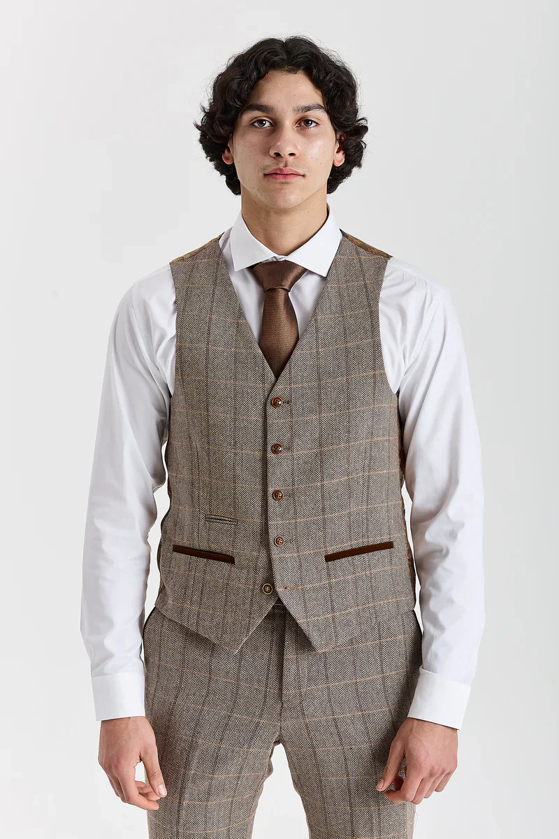 Men's Tweed Retro Windowpane Formal Suit - HARRIS - Brown - Image 4