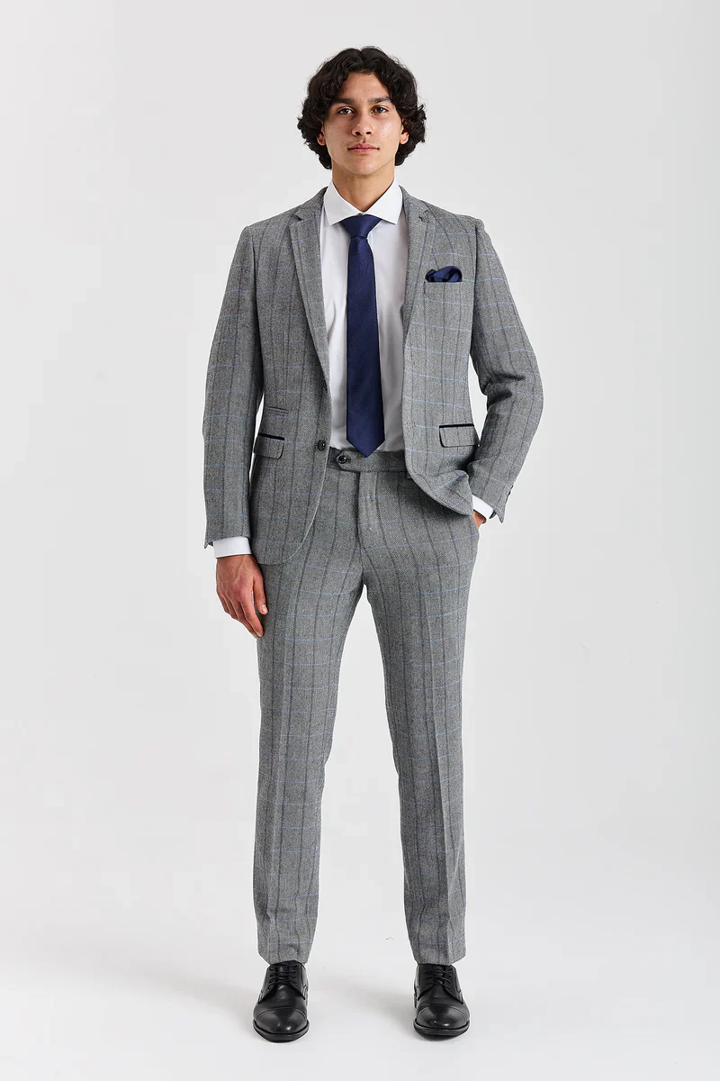 Men's Tweed Retro Windowpane Formal Trousers - HARRIS - Grey - Image 2