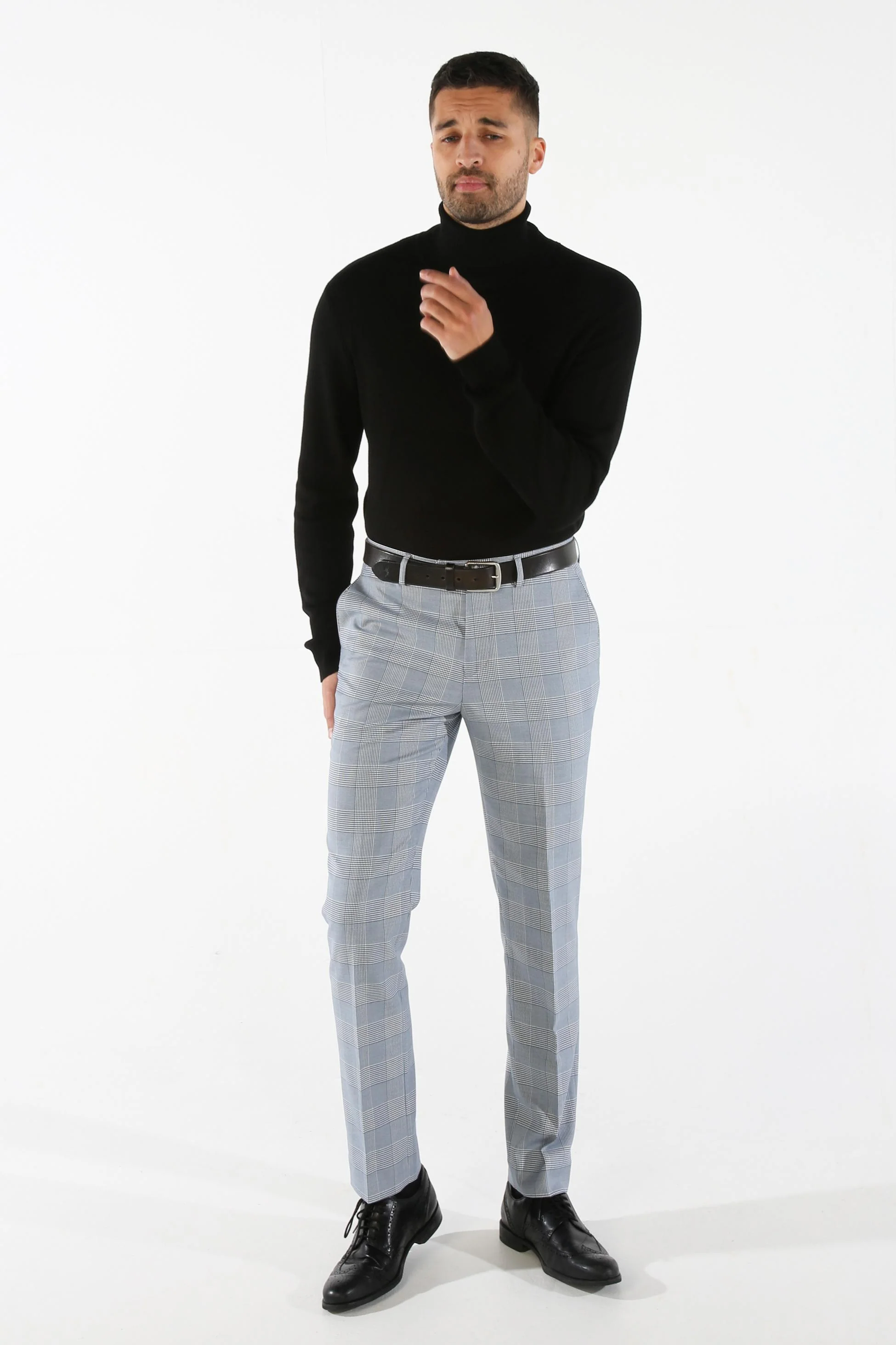 Men's Houndstooth Check Sky Blue Trousers - MARK - Blue - Image 2