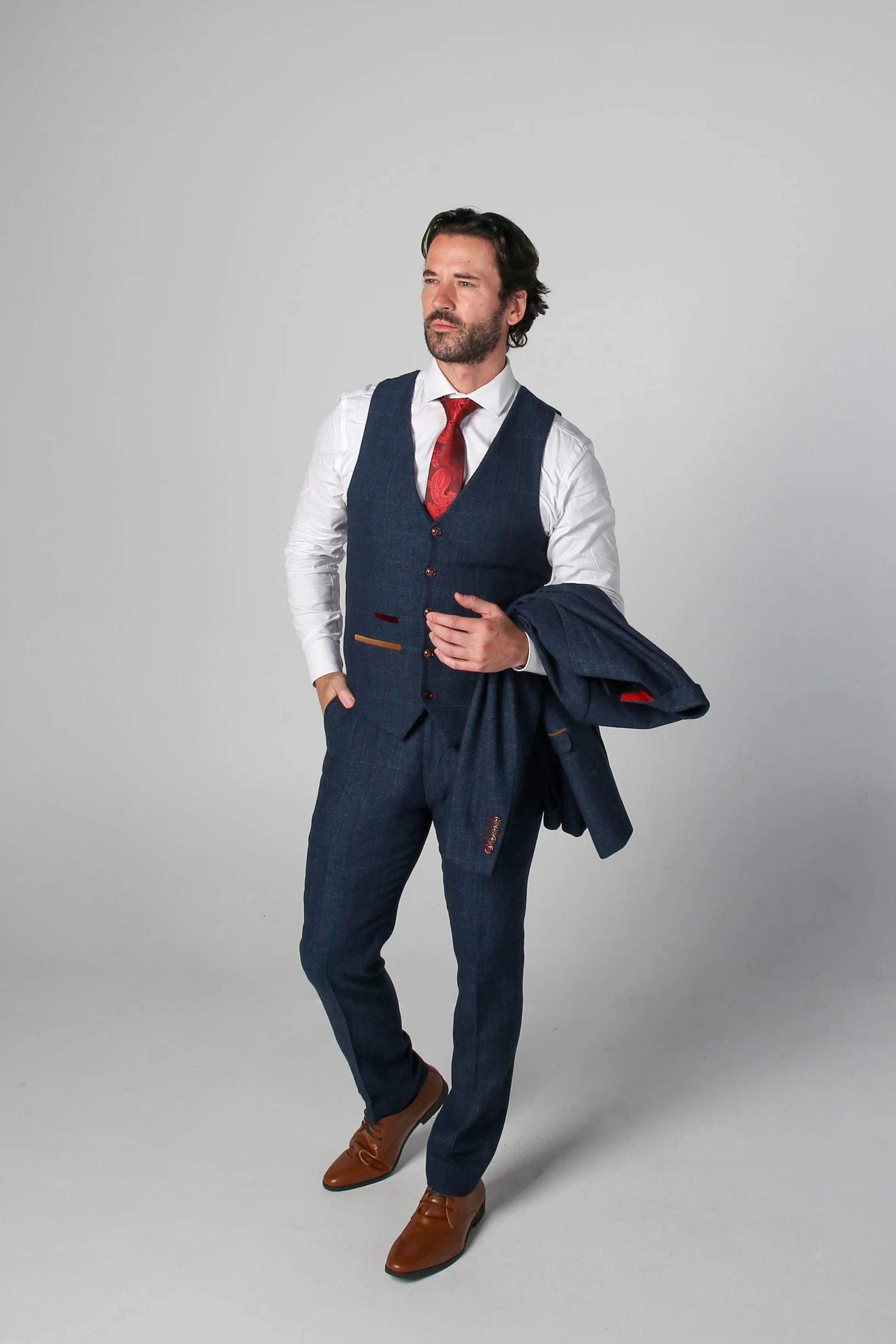 Men's Tweed Herringbone Tailored Fit Suit - SCOTT - Navy Blue - Image 6