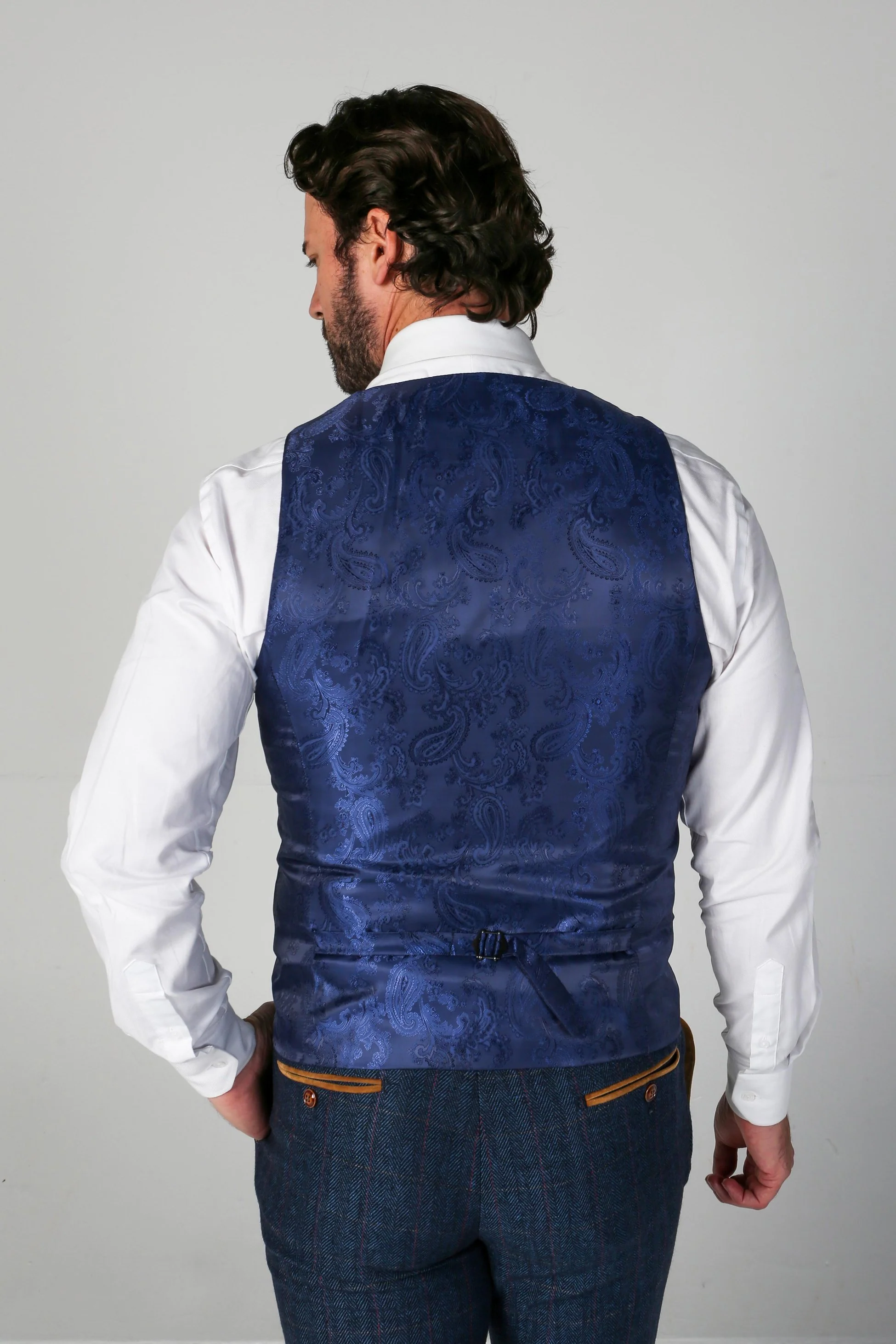 Men's Tweed Herringbone Tailored Fit Suit - SCOTT - Navy Blue - Image 8