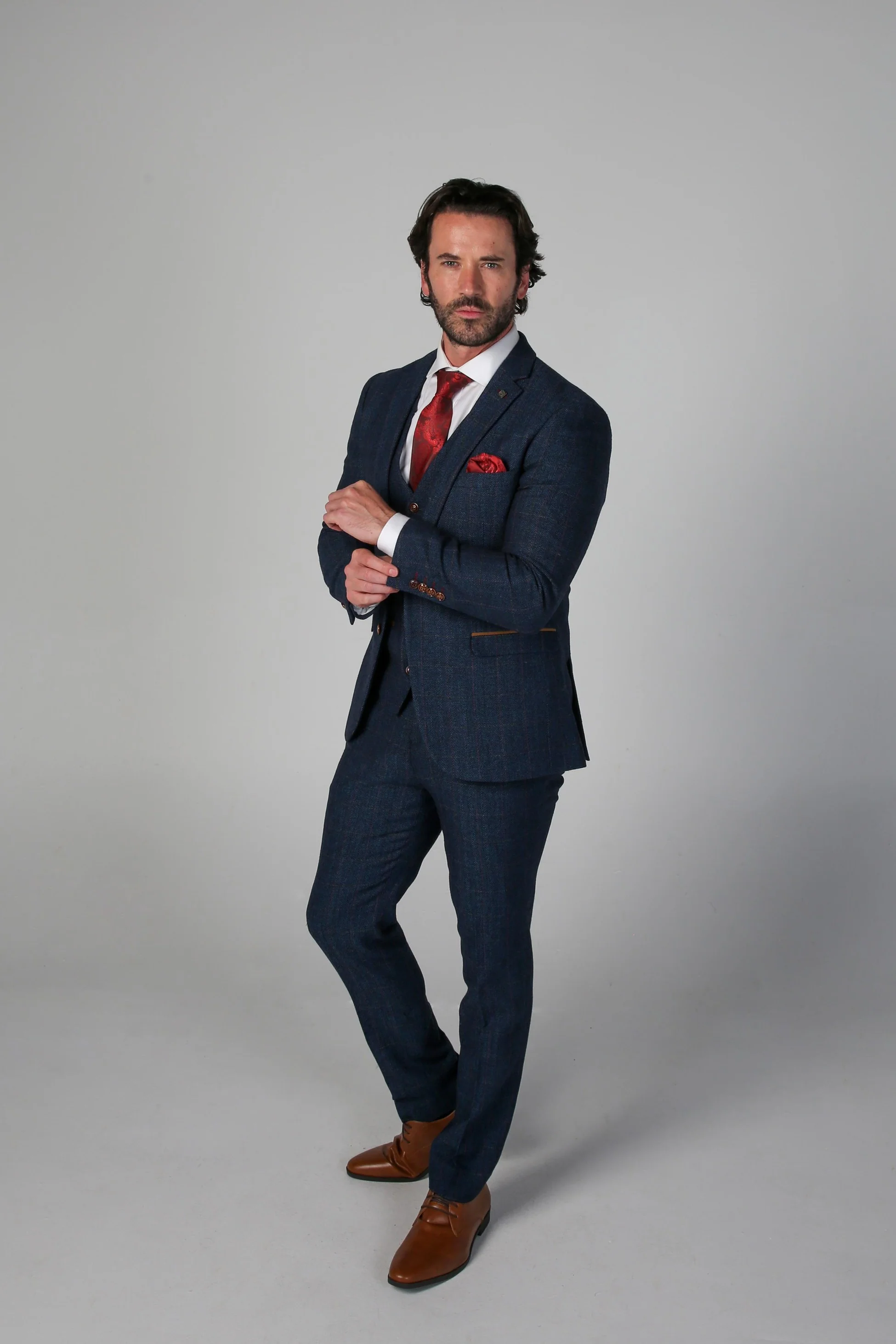 Men's Tweed Herringbone Tailored Fit Trousers - SCOTT - Navy Blue - Image 2