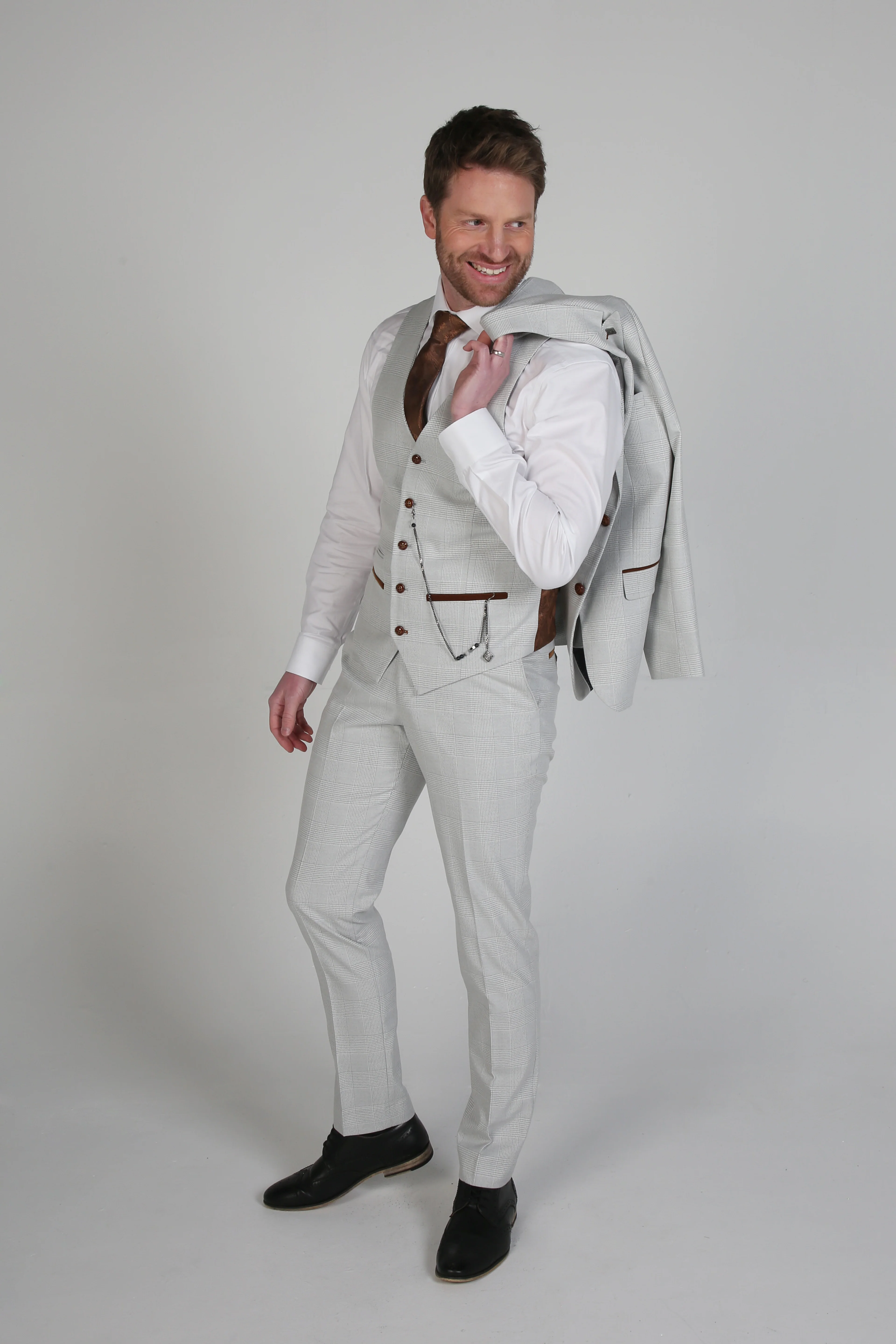 Men's Check Tailored Fit Formal Trousers - Mark Stone - Stone Beige - Image 2