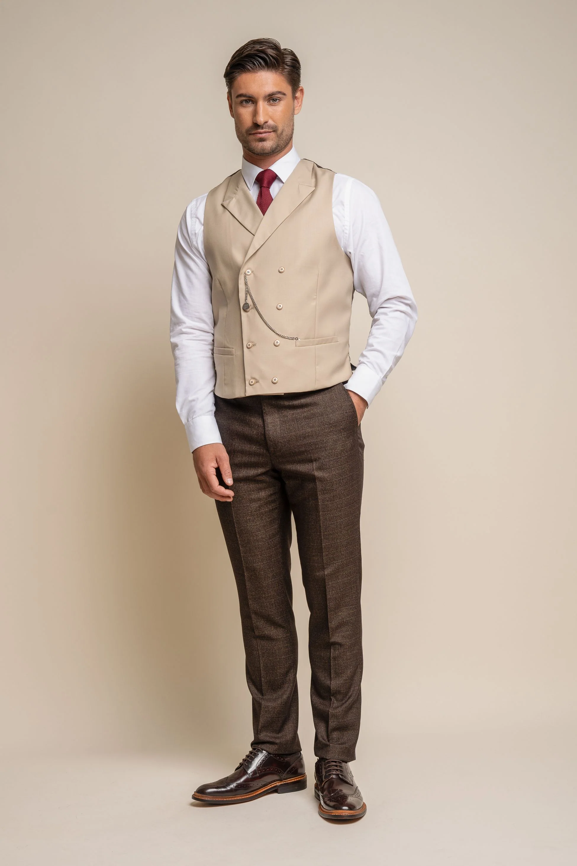 Men's Slim Fit Double Breasted Waistcoat - LENNOX - Beige - Image 2