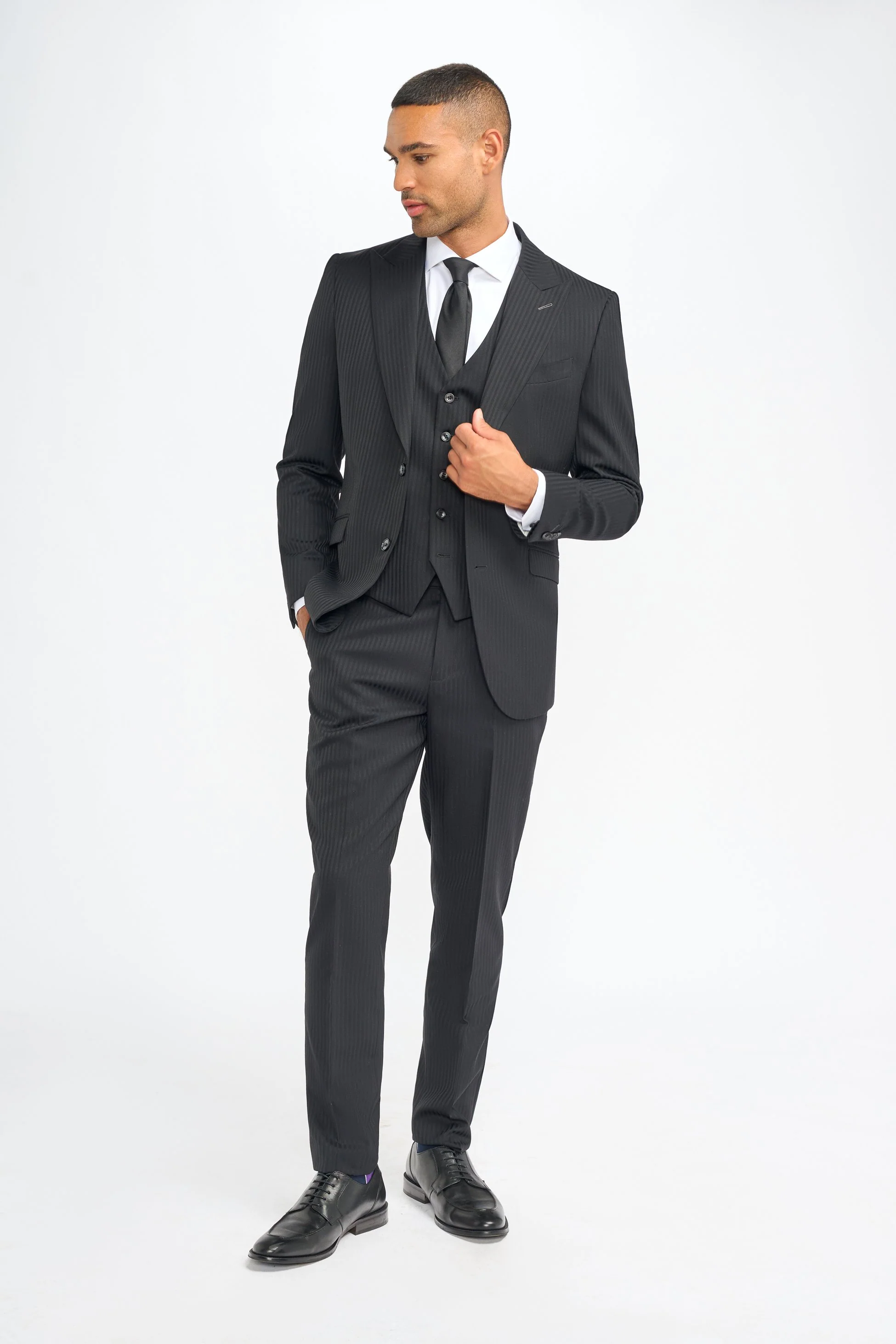 Men’s 3 Piece Black Wool Pinstripe Suit - Roberto - Black - Image 2
