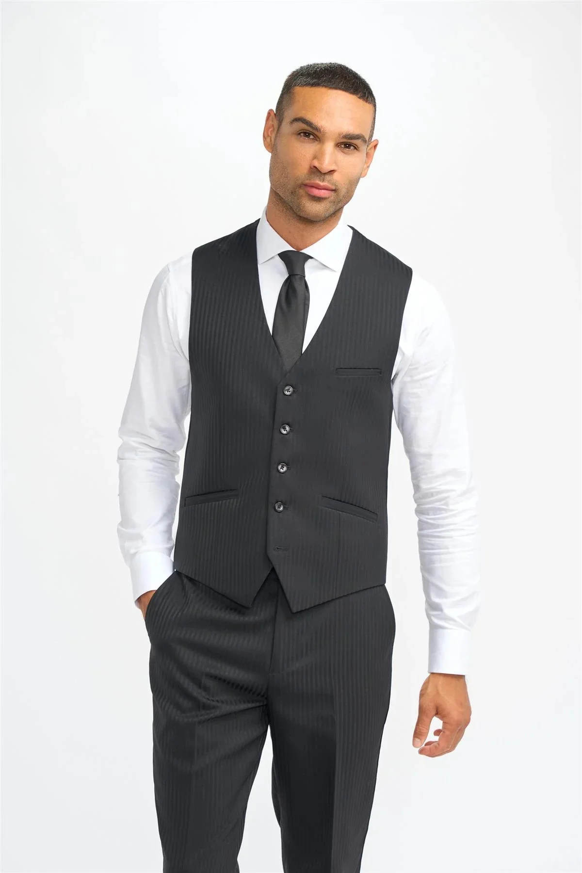Men’s 3 Piece Black Wool Pinstripe Suit - Roberto - Black - Image 4