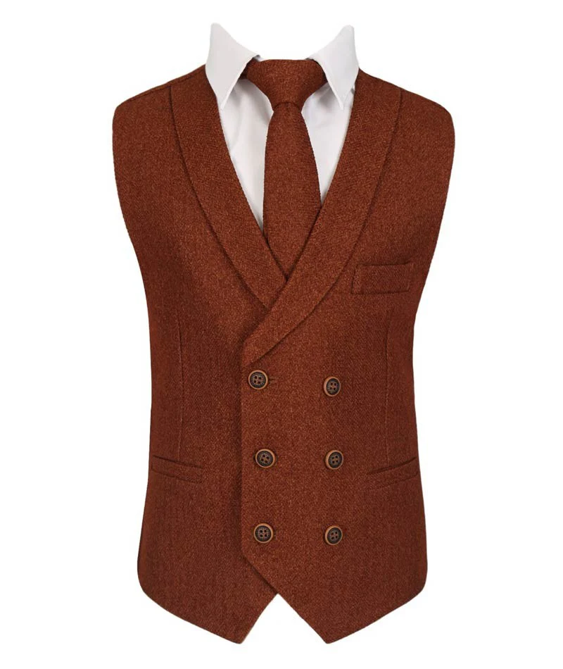 Men's and Boys Herringbone Double-breasted Waistcoat Set - Cinnamon Brown - Image 3