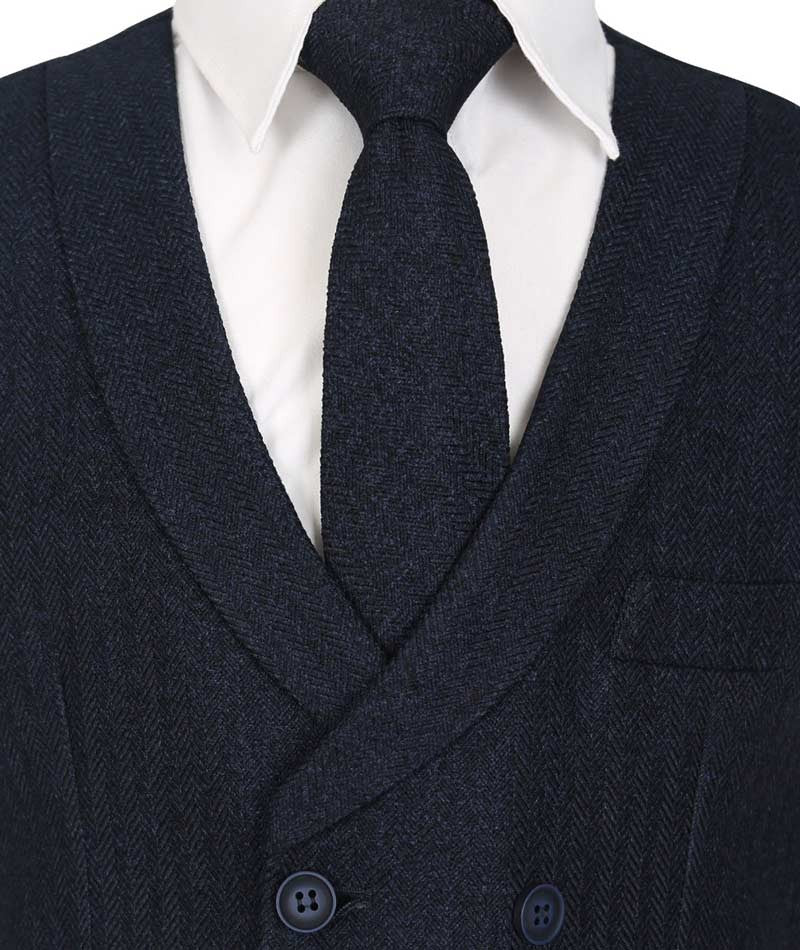 Men's and Boys Herringbone Double-breasted Waistcoat Set - Navy Blue - Image 4