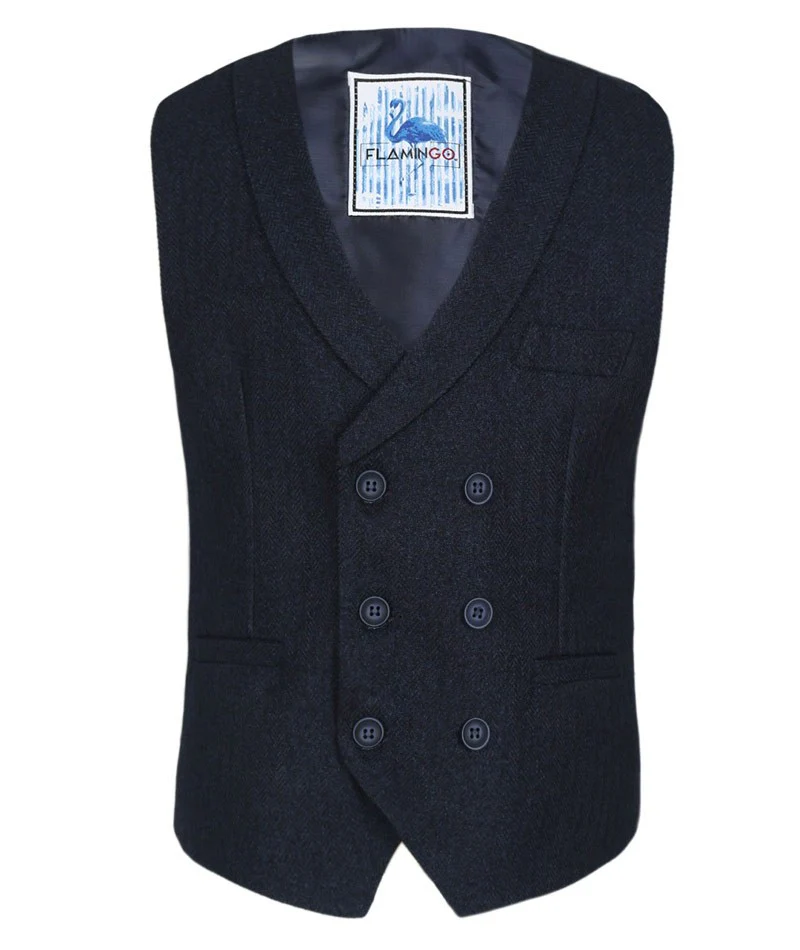 Men's and Boys Herringbone Double-breasted Waistcoat Set - Navy Blue - Image 5