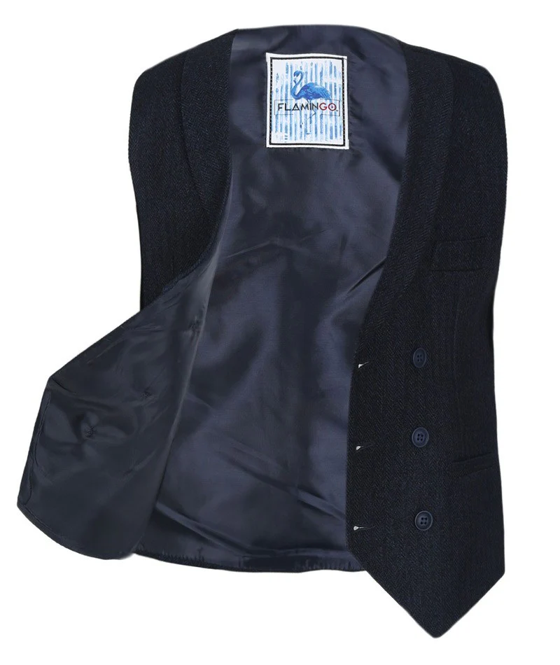 Men's and Boys Herringbone Double-breasted Waistcoat Set - Navy Blue - Image 6