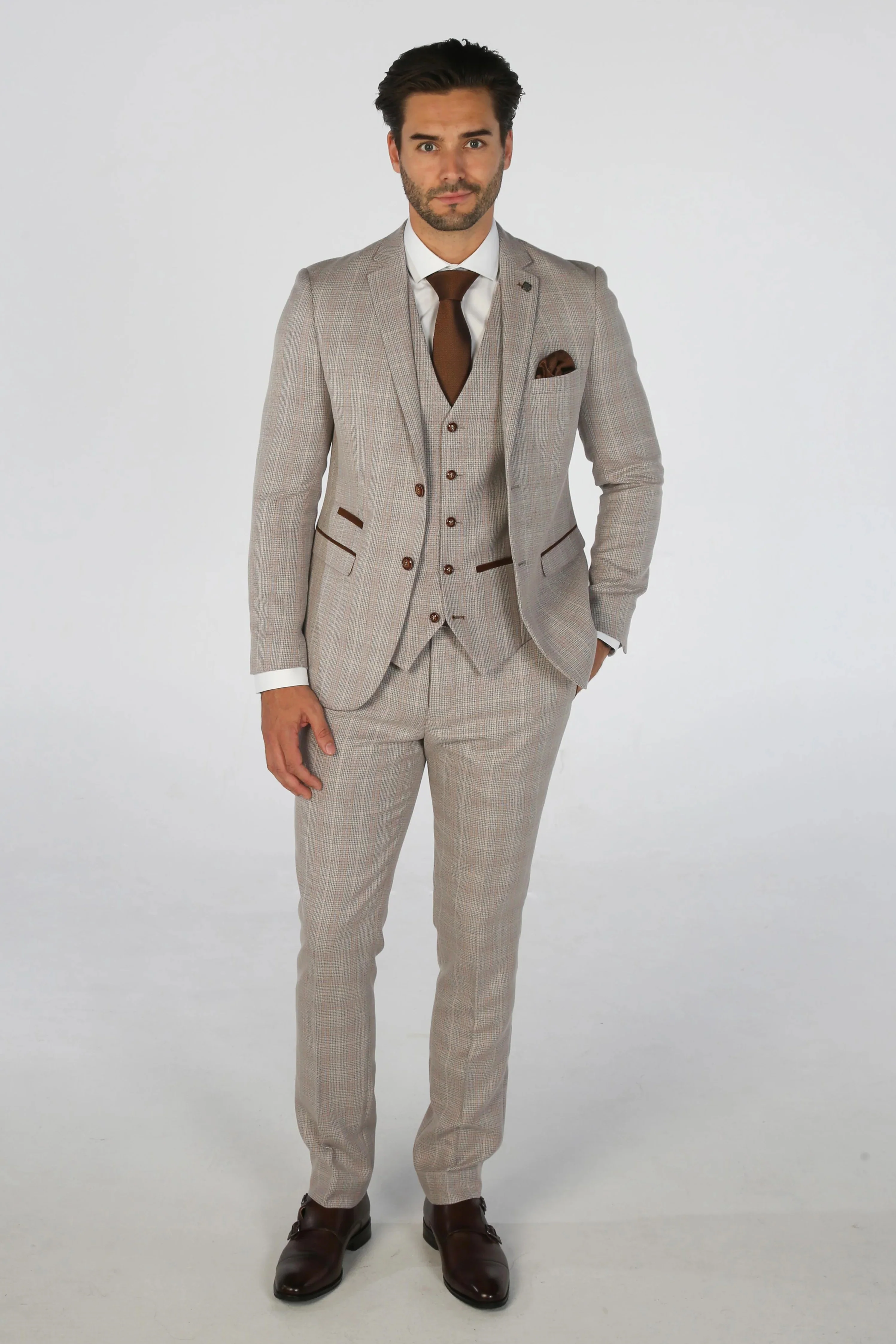 Father & Son Matching Windowpane Check 3-Piece Suit Set - Leo - Beige - Image 2