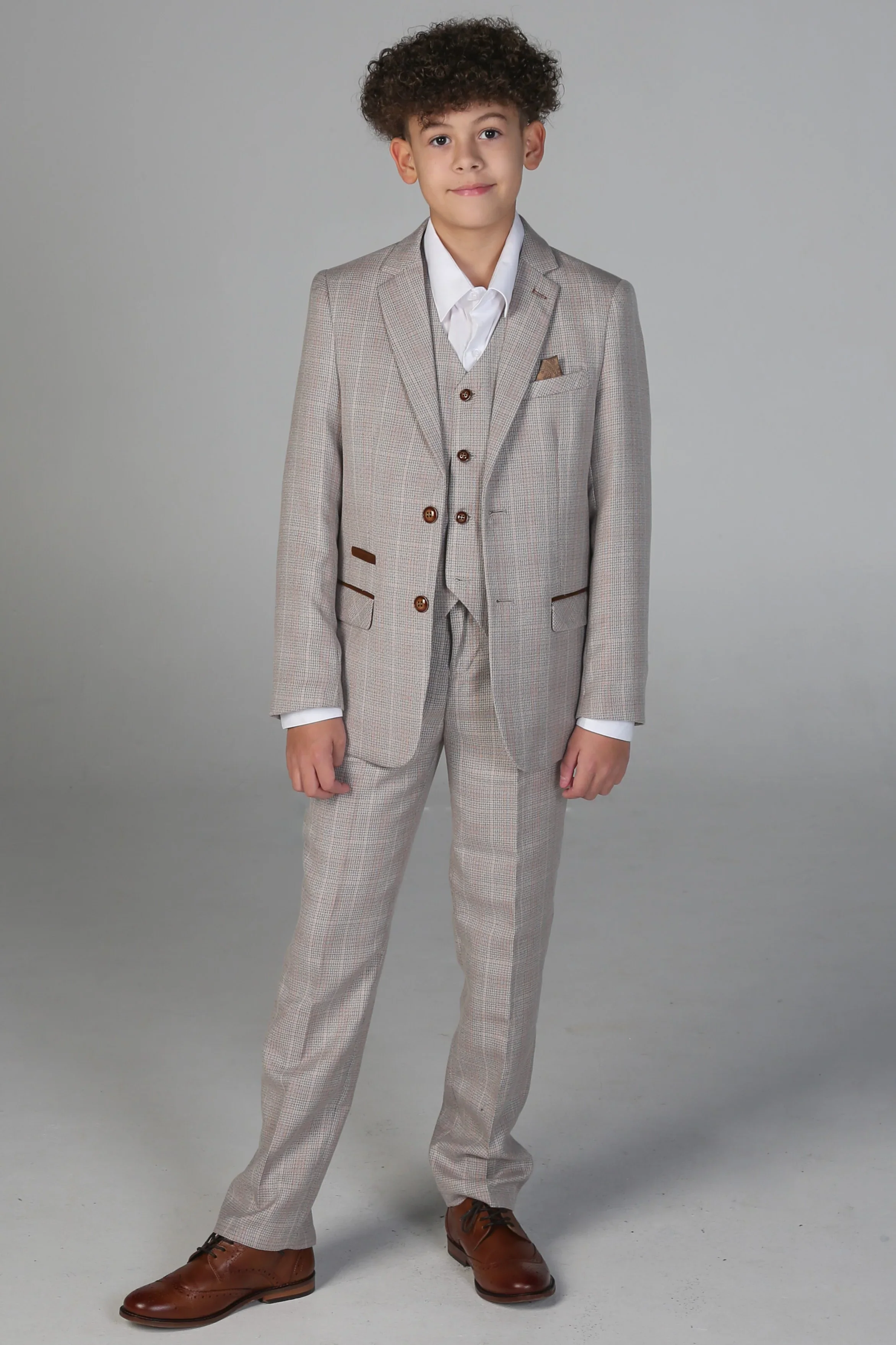 Father & Son Matching Windowpane Check 3-Piece Suit Set - Leo - Beige - Image 8