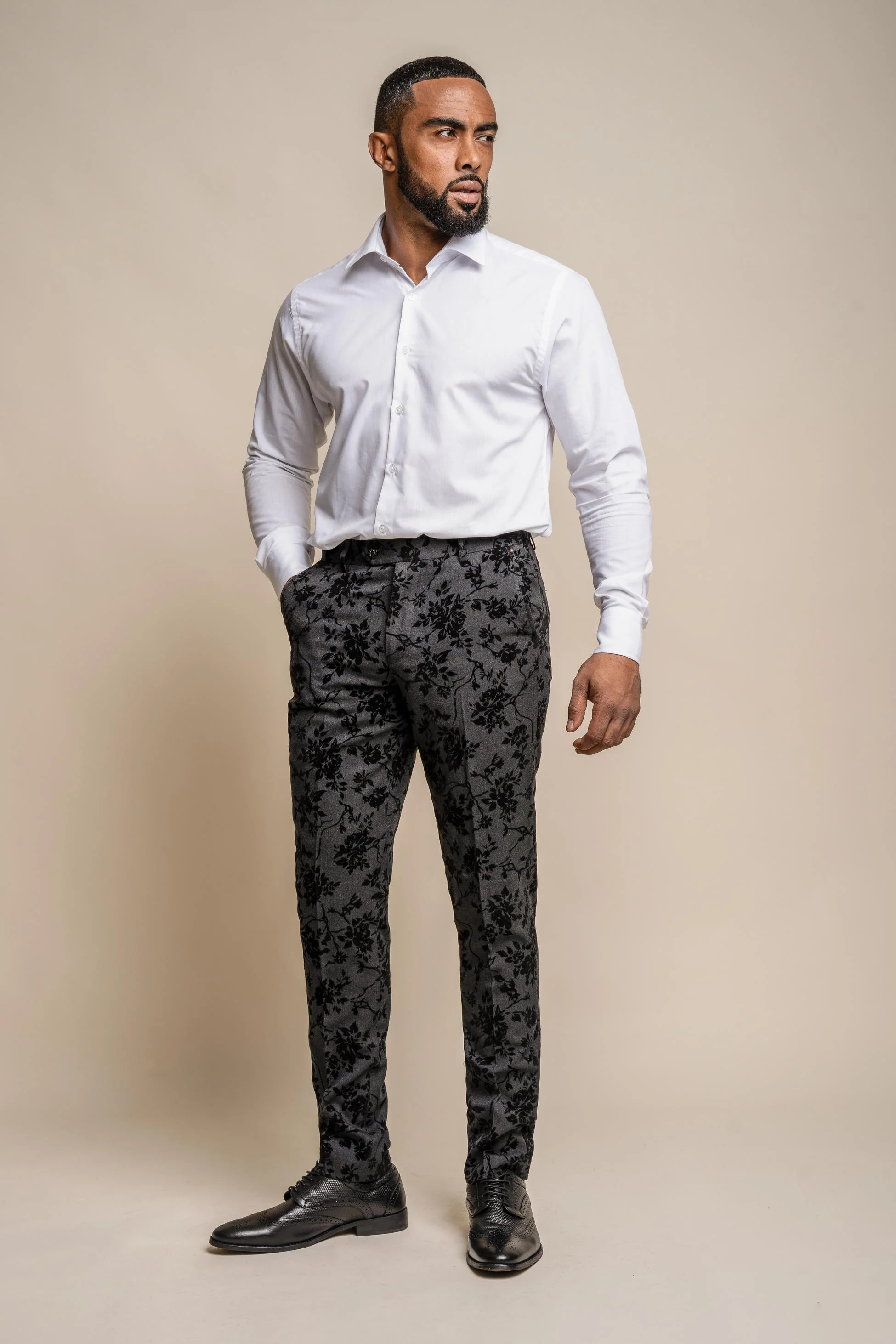 Men's Black Velvet Floral Embroidered Trousers - GEORGI - Black - Image 2