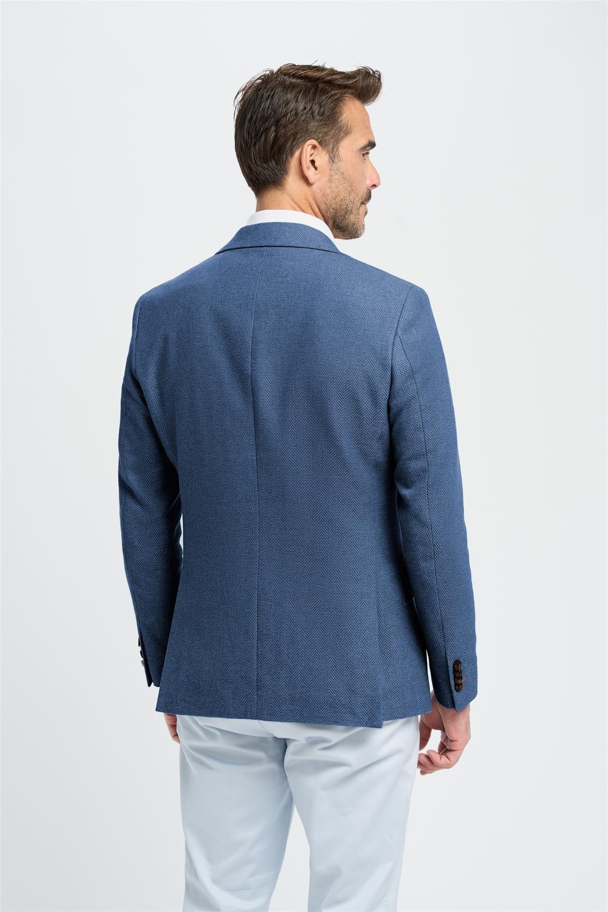 Men’s Blue Cotton Herringbone Blazer - Felix - Blue - Image 3