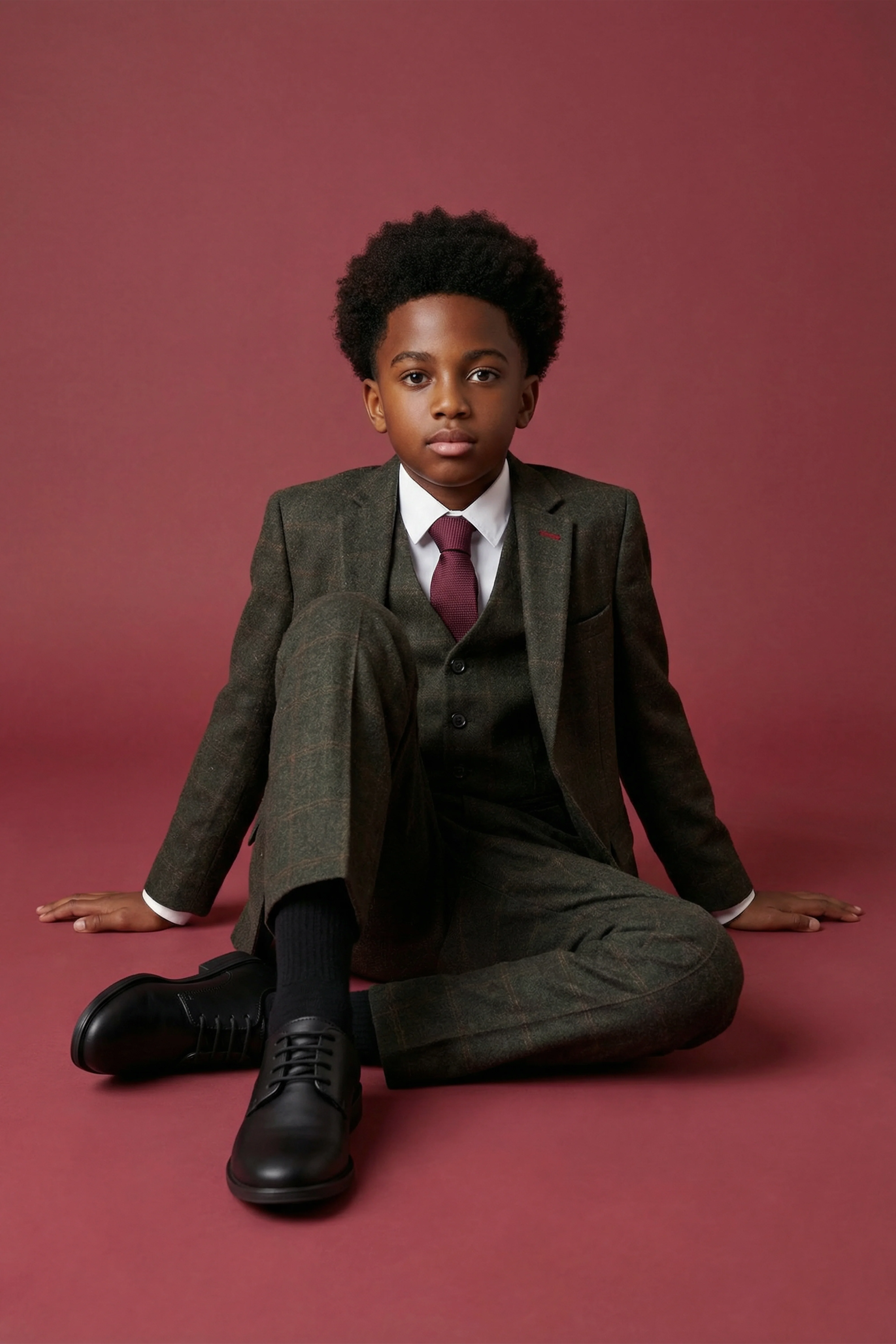 Father & Son Matching Windowpane Check Wool Tweed 3-Piece Suit Set - Joshua - Dark Green - Image 10