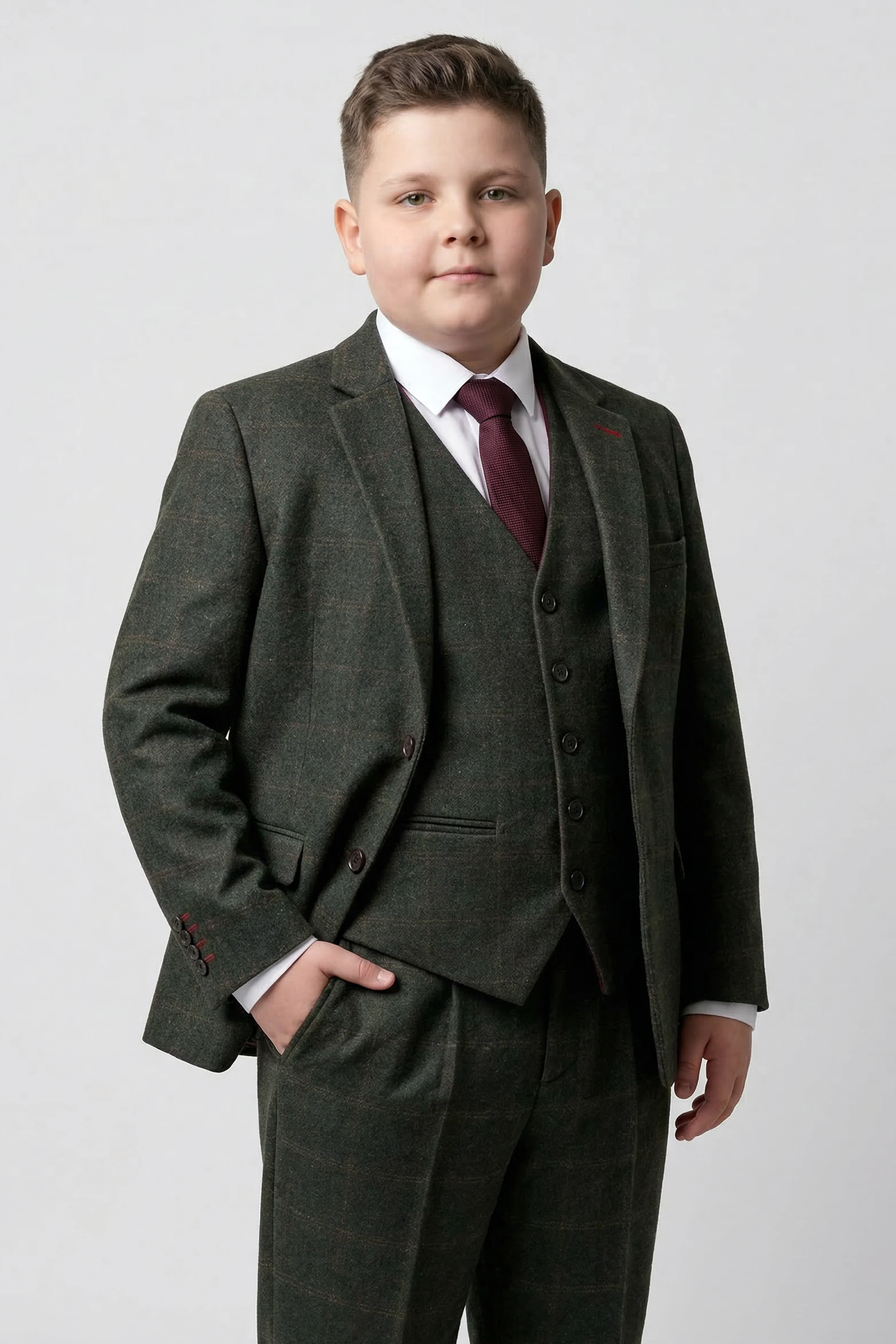 Father & Son Matching Windowpane Check Wool Tweed 3-Piece Suit Set - Joshua - Dark Green - Image 11