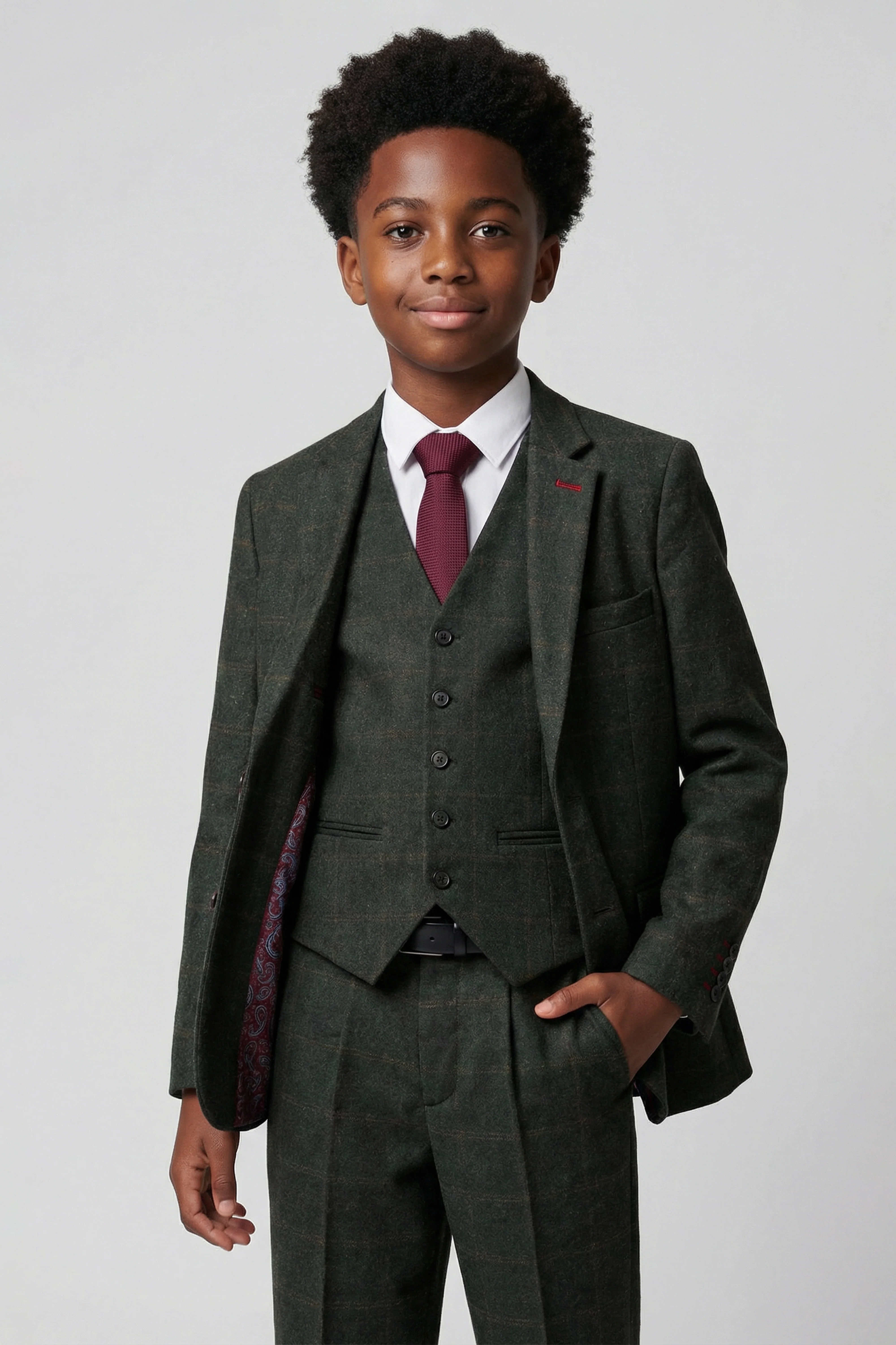 Father & Son Matching Windowpane Check Wool Tweed 3-Piece Suit Set - Joshua - Dark Green - Image 5