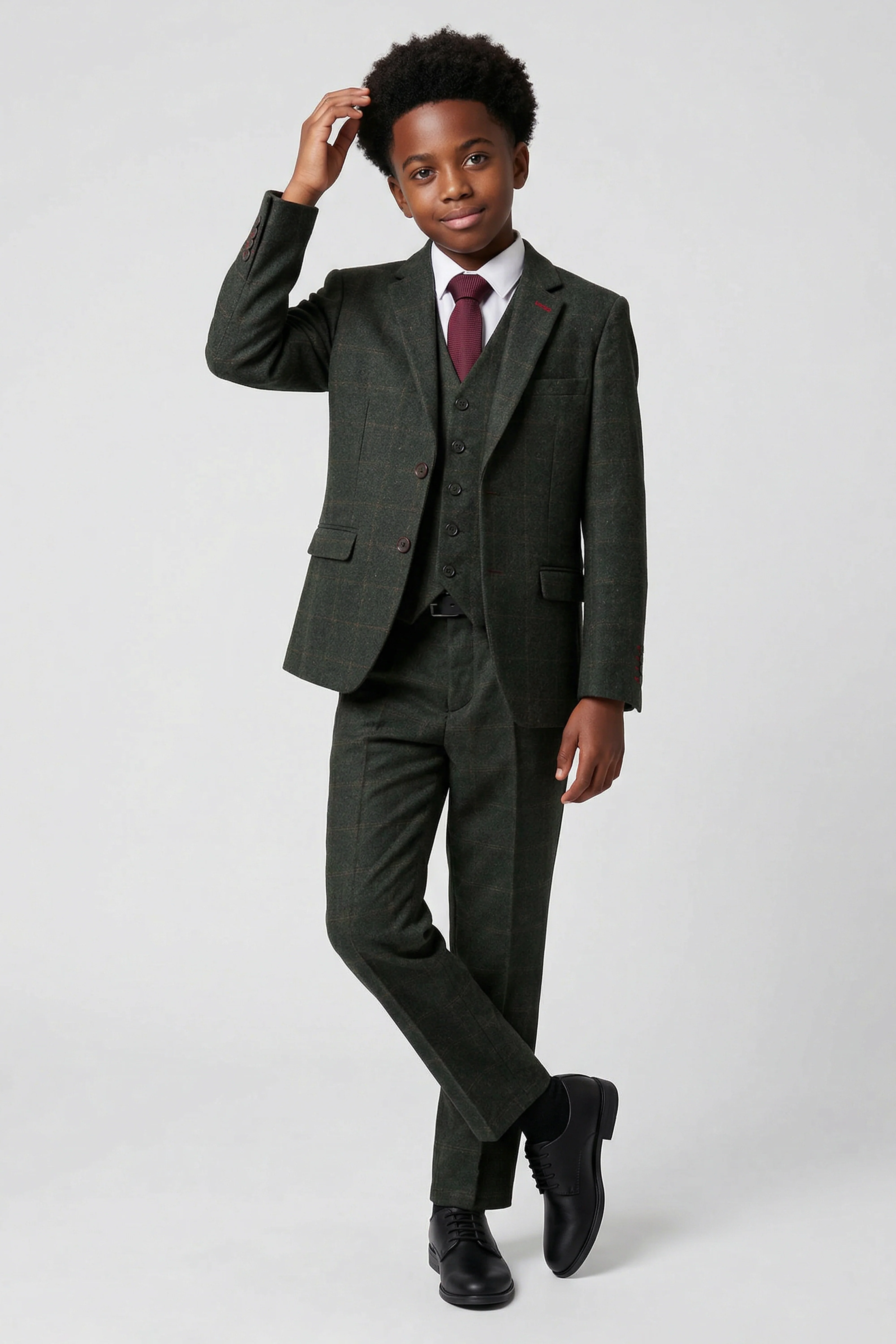 Father & Son Matching Windowpane Check Wool Tweed 3-Piece Suit Set - Joshua - Dark Green - Image 6