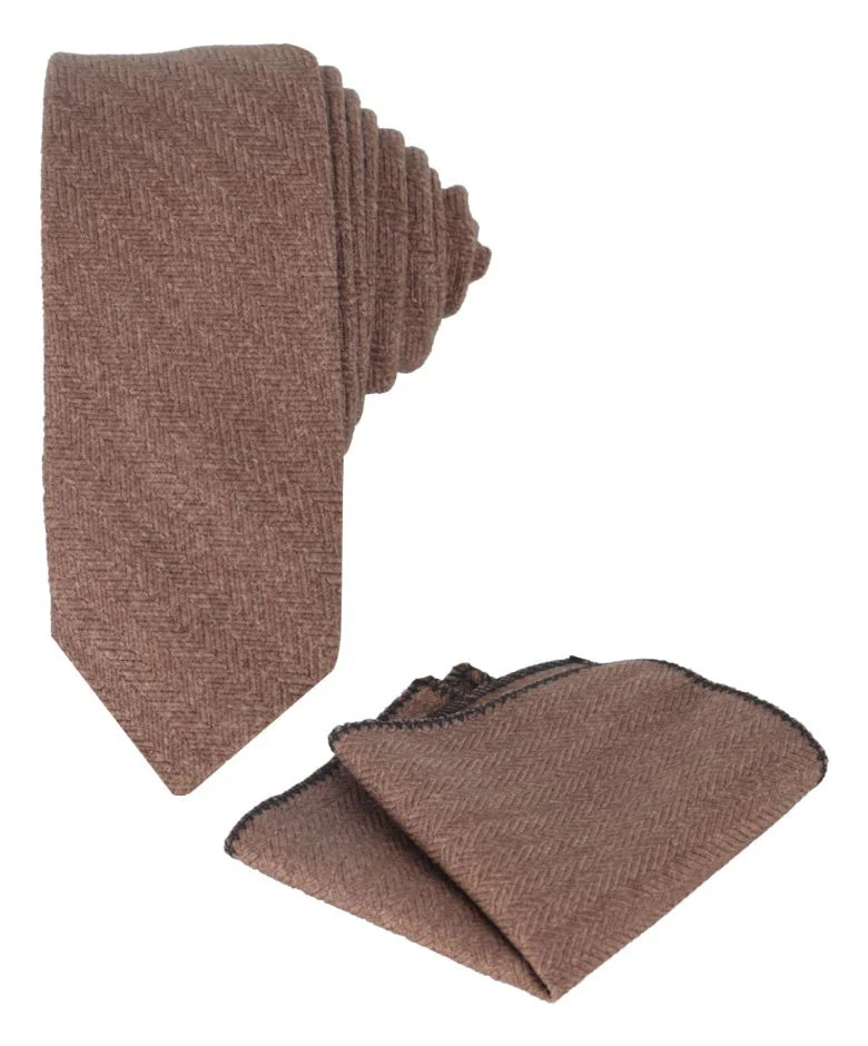Boys & Men's Herringbone Tweed Tie & Pocket Square Set - Tan Brown - Image 2