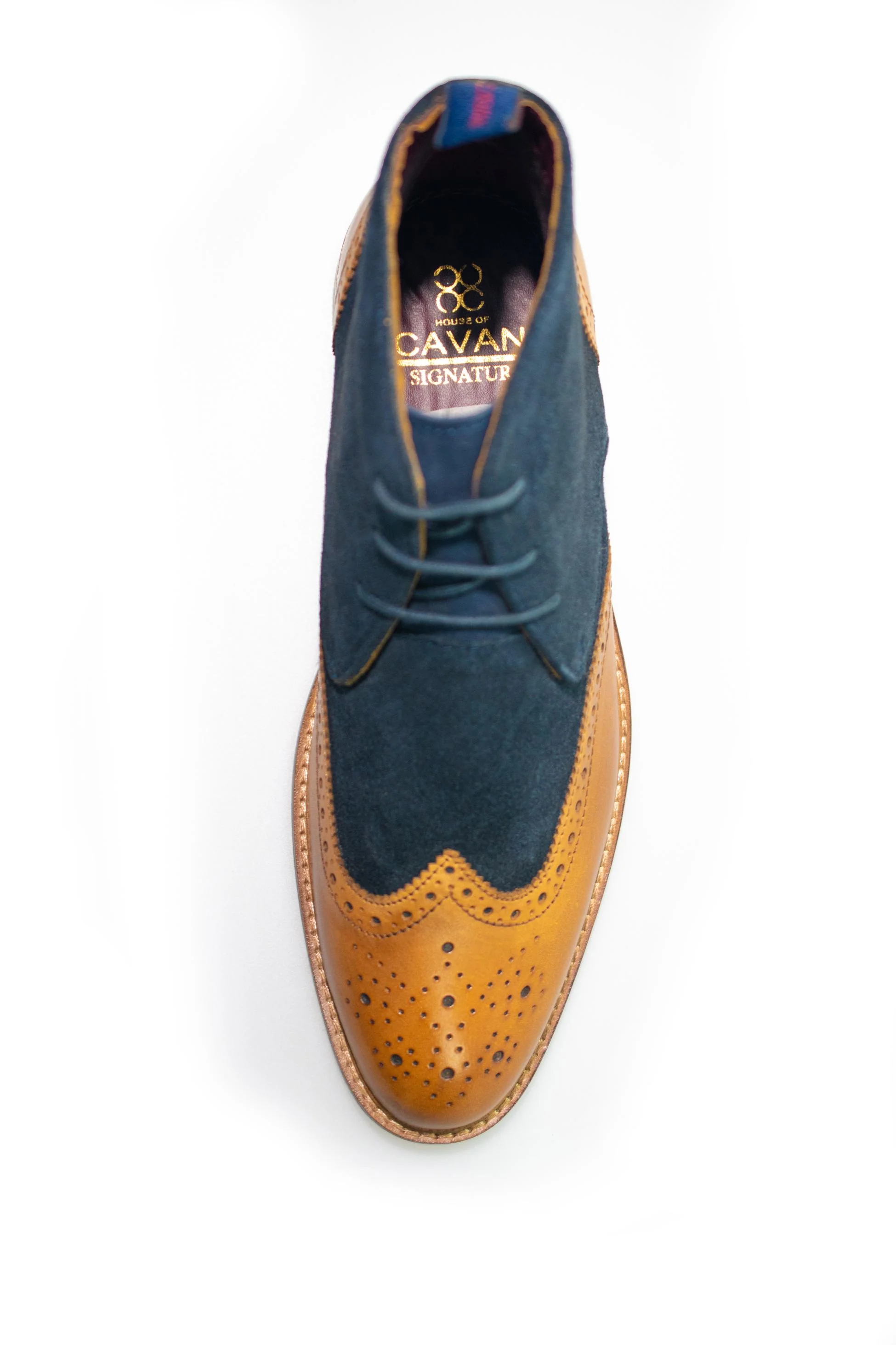 Men's Suede & Leather Brogue Boots - CONNICK - Navy Blue - Tan Brown - Image 4