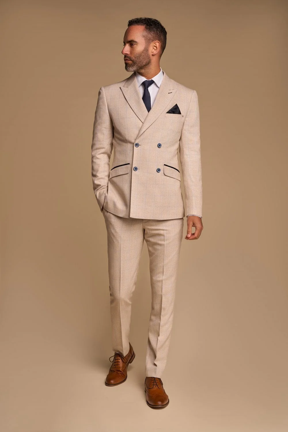 Men's 2-Piece Glen Check Double Breasted Suit - CARIDI - Beige - Image 2