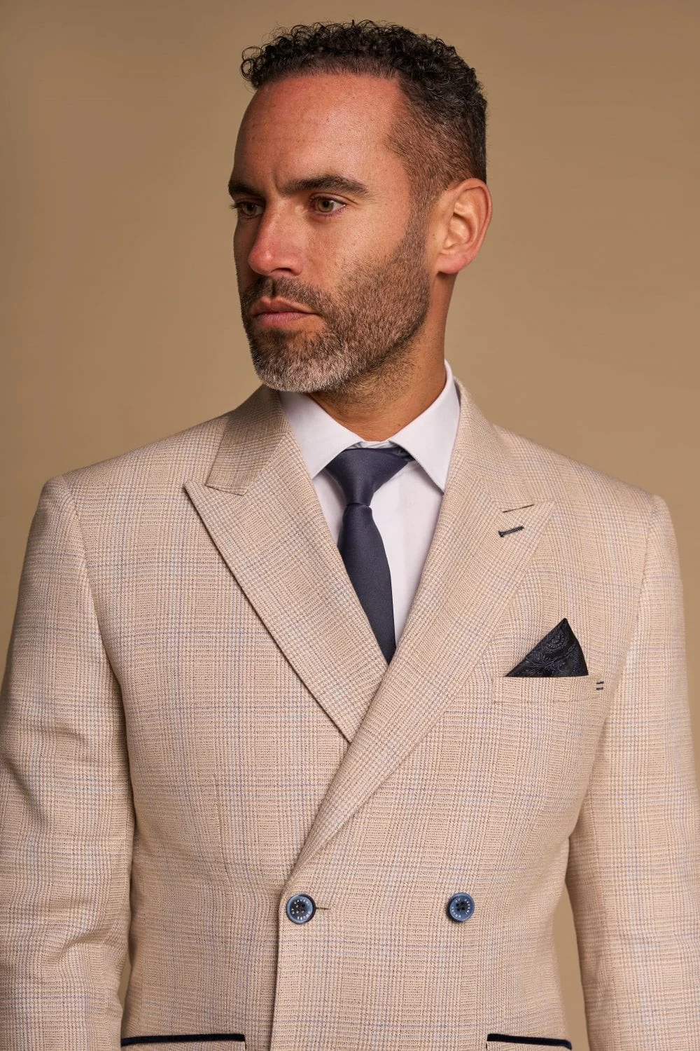 Men's 2-Piece Glen Check Double Breasted Suit - CARIDI - Beige - Image 3