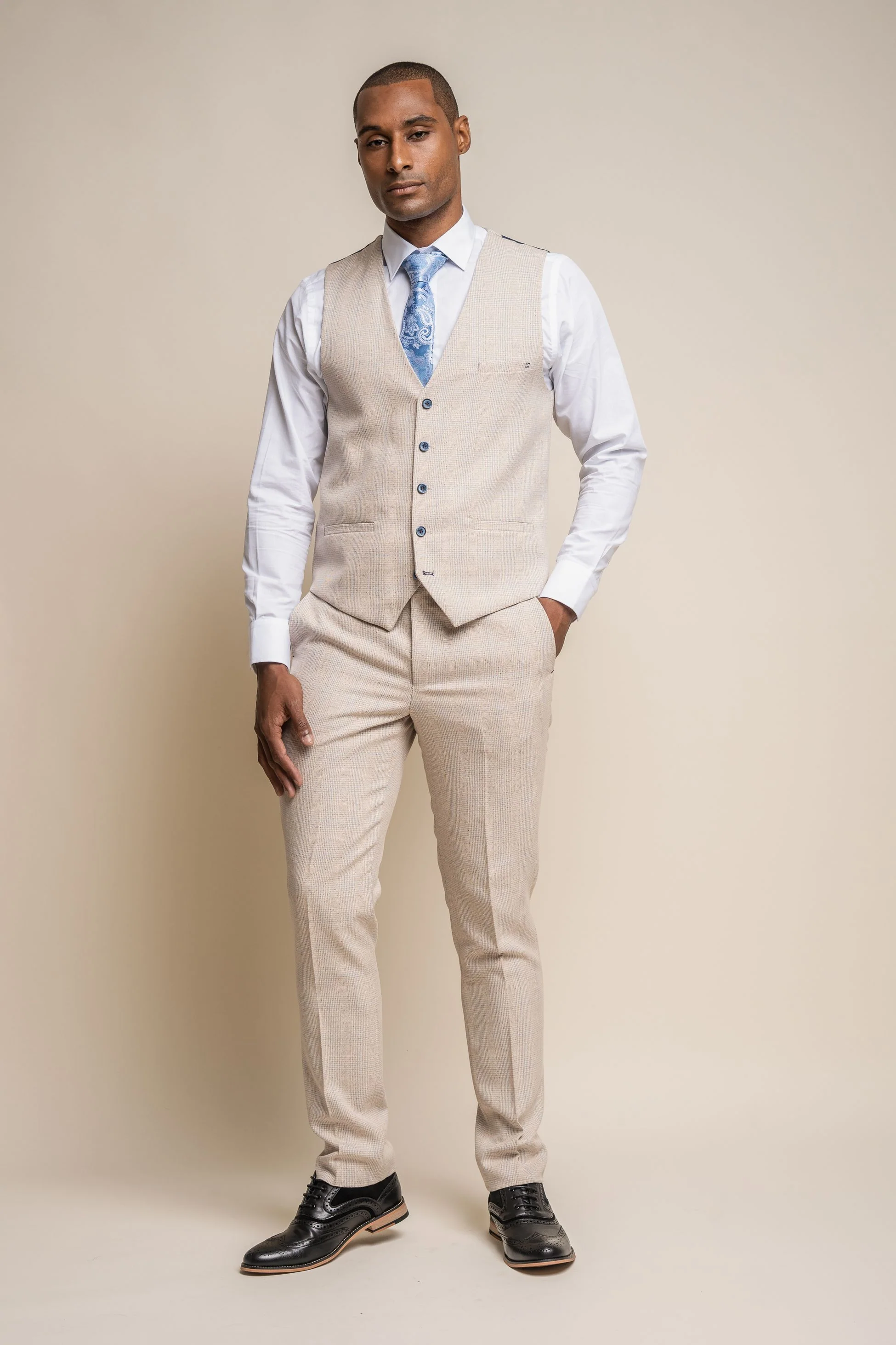 Men's Tweed Glen Check Slim Fit Formal Waistcoat - CARIDI - Beige - Image 2