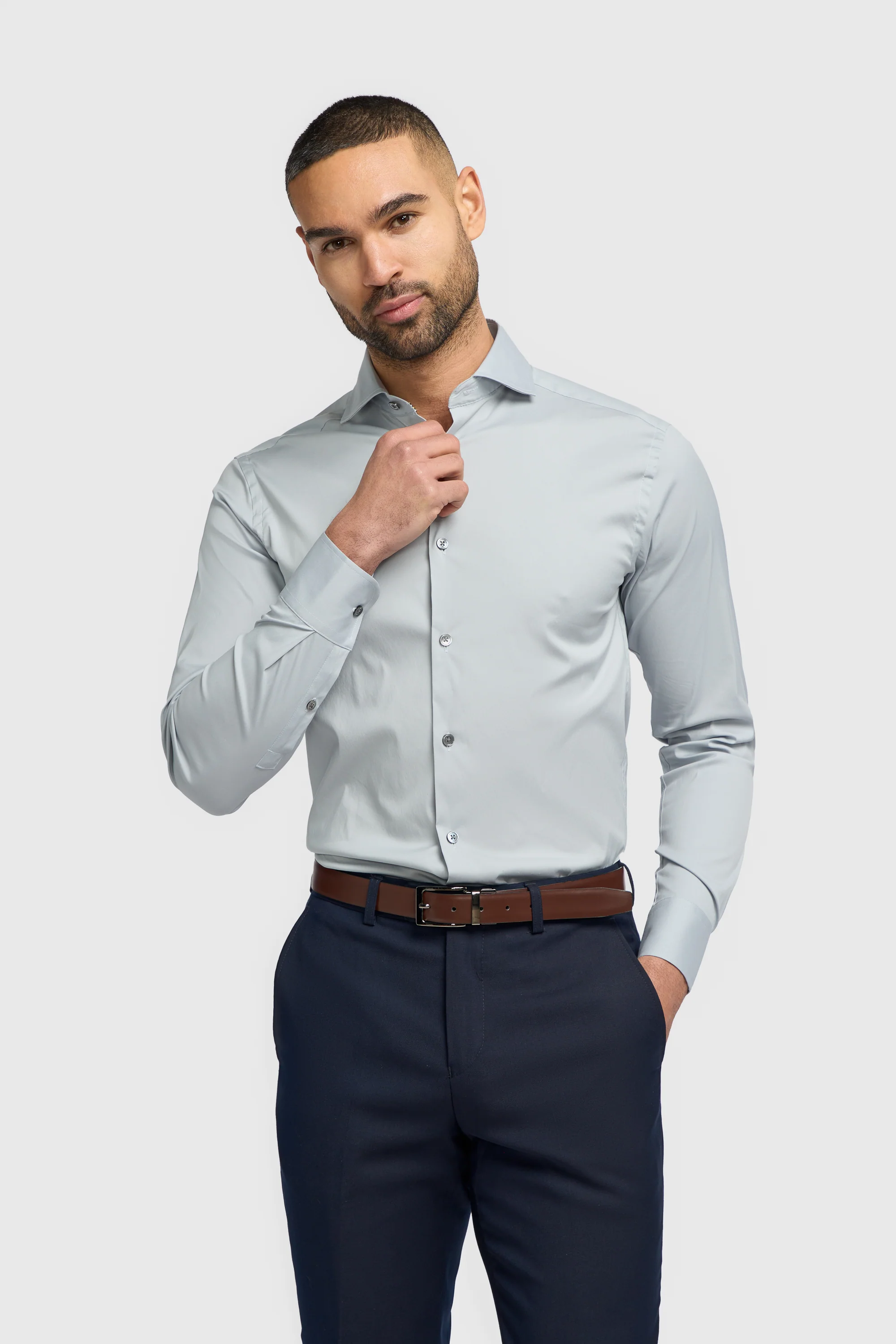 Men's Cotton Blend Slim Fit Dress Shirt - MONACO - Ice Blue