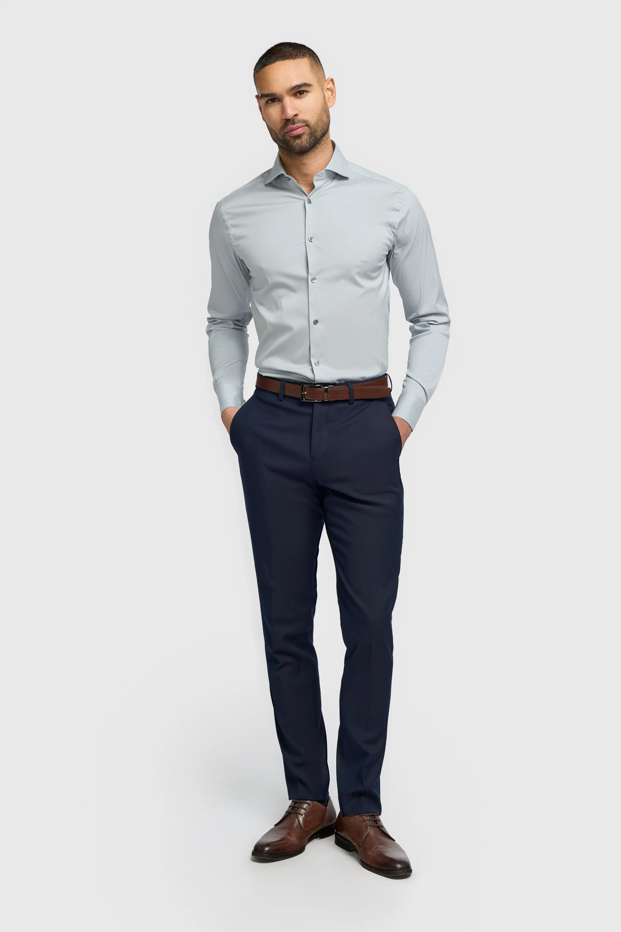 Men's Cotton Blend Slim Fit Dress Shirt - MONACO - Ice Blue - Image 2