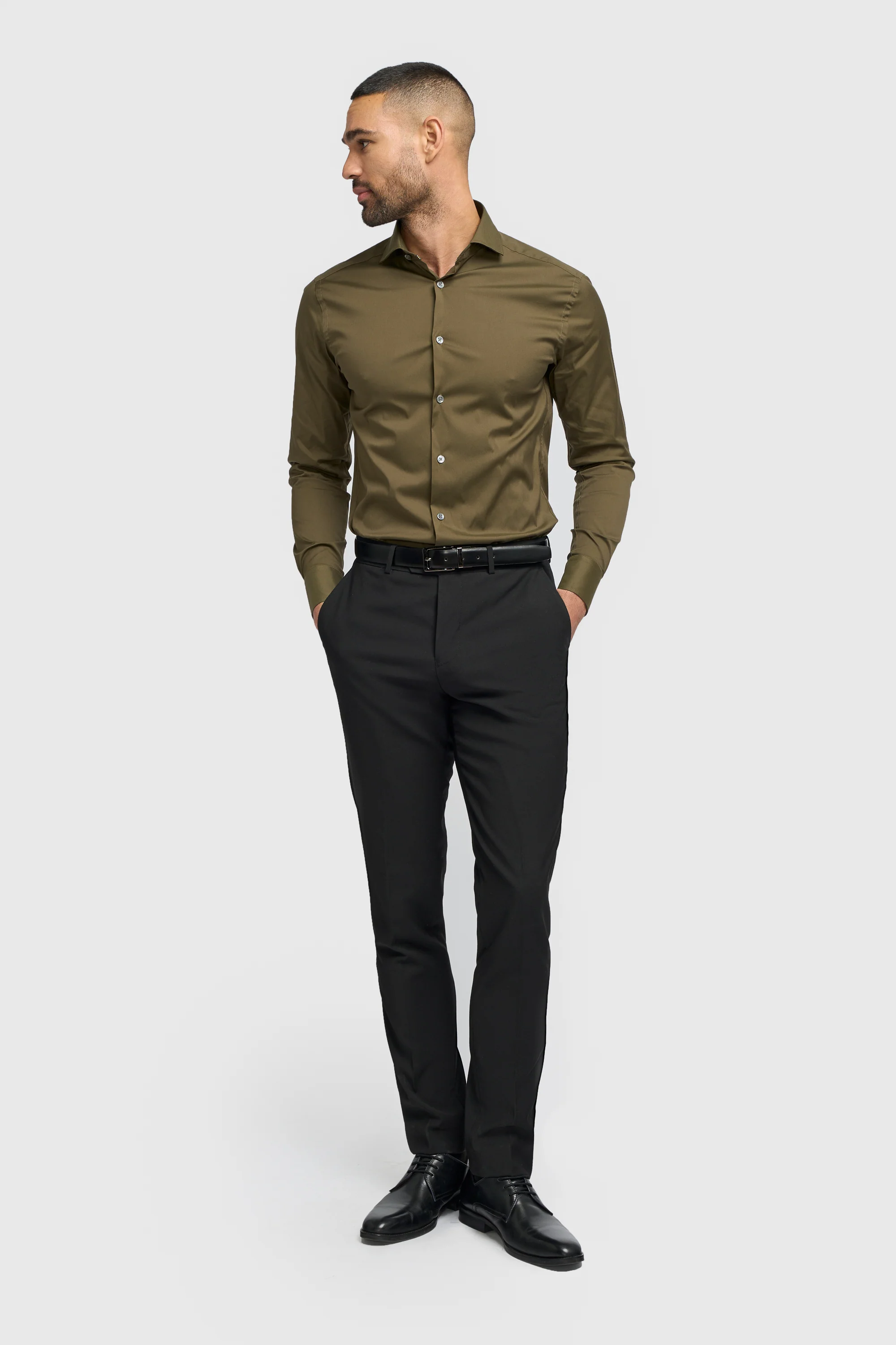 Men's Cotton Blend Slim Fit Dress Shirt - MONACO - Olive Green - Image 2