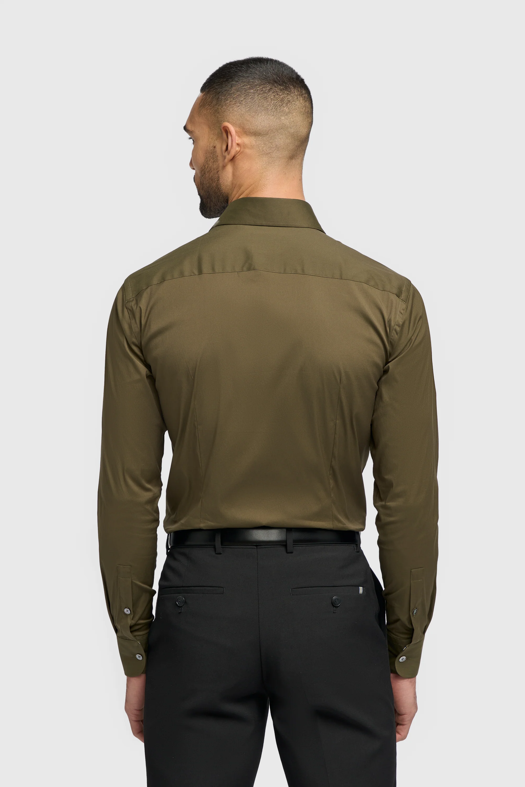 Men's Cotton Blend Slim Fit Dress Shirt - MONACO - Olive Green - Image 3
