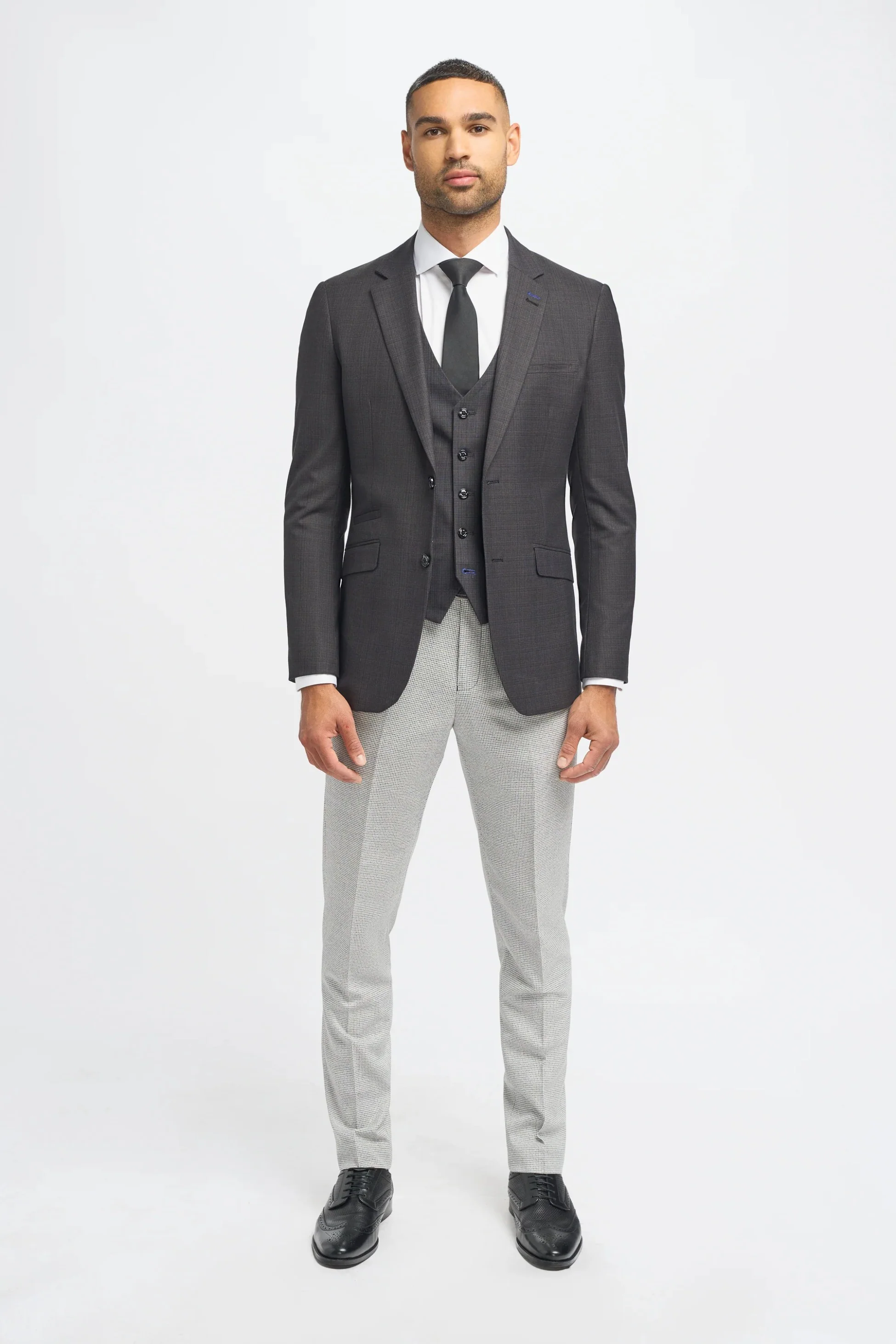 Men's Dark Grey Slim Fit Suit Jacket and Waistcoat with Light Grey Houndstooth Trousers - Grey - Image 2