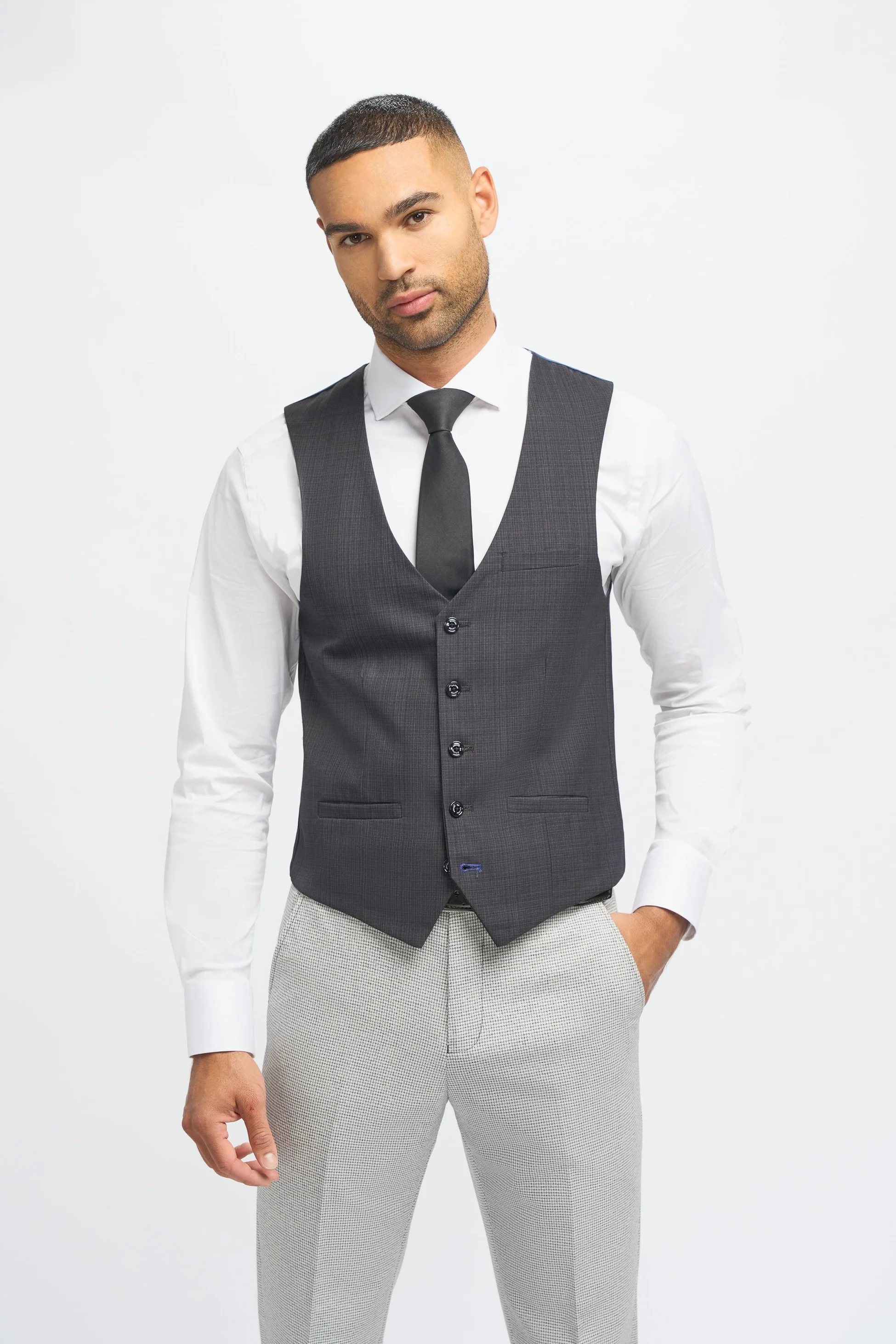 Men's Dark Grey Slim Fit Suit Jacket and Waistcoat with Light Grey Houndstooth Trousers - Grey - Image 6