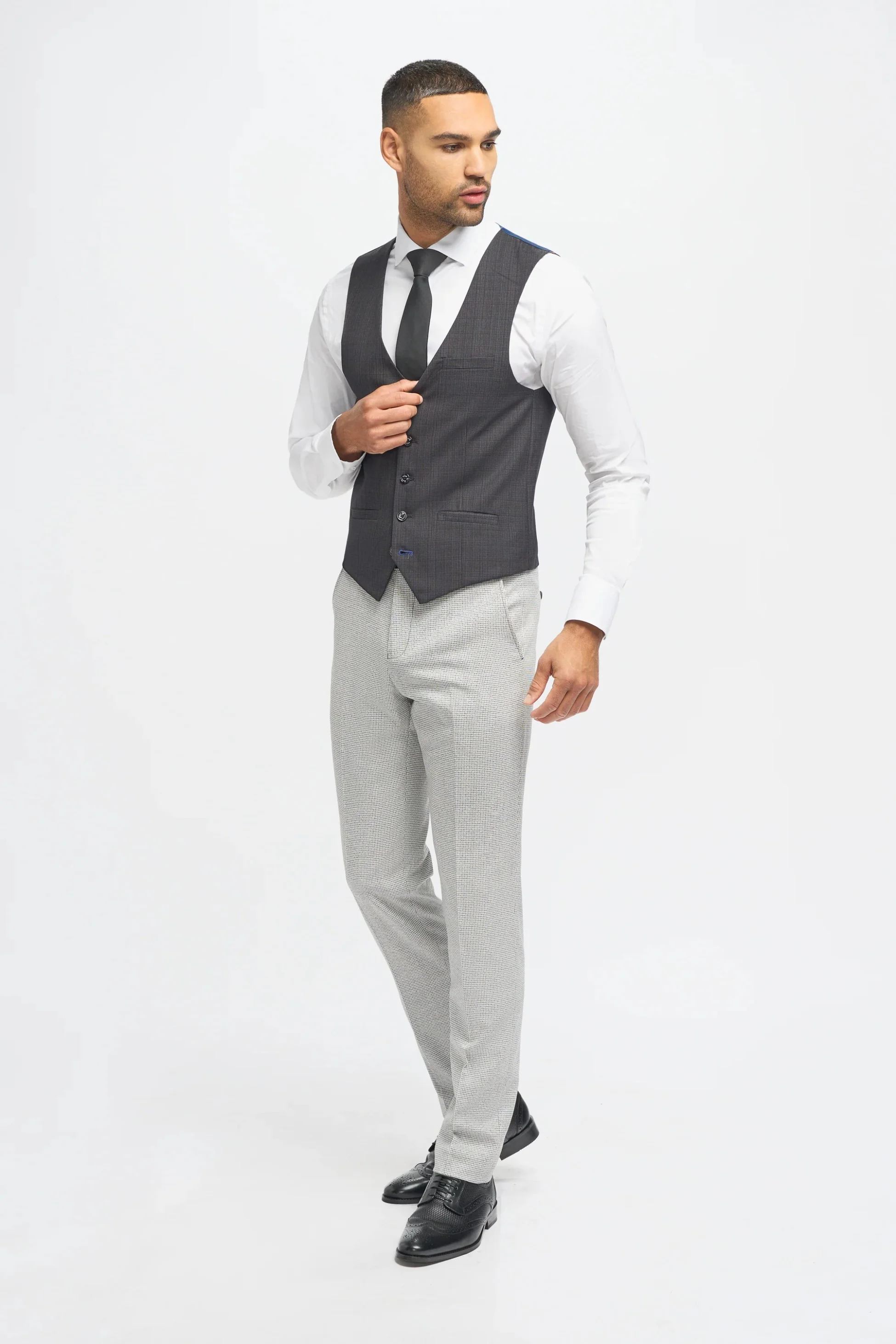 Men's Dark Grey Slim Fit Suit Jacket and Waistcoat with Light Grey Houndstooth Trousers - Grey - Image 7