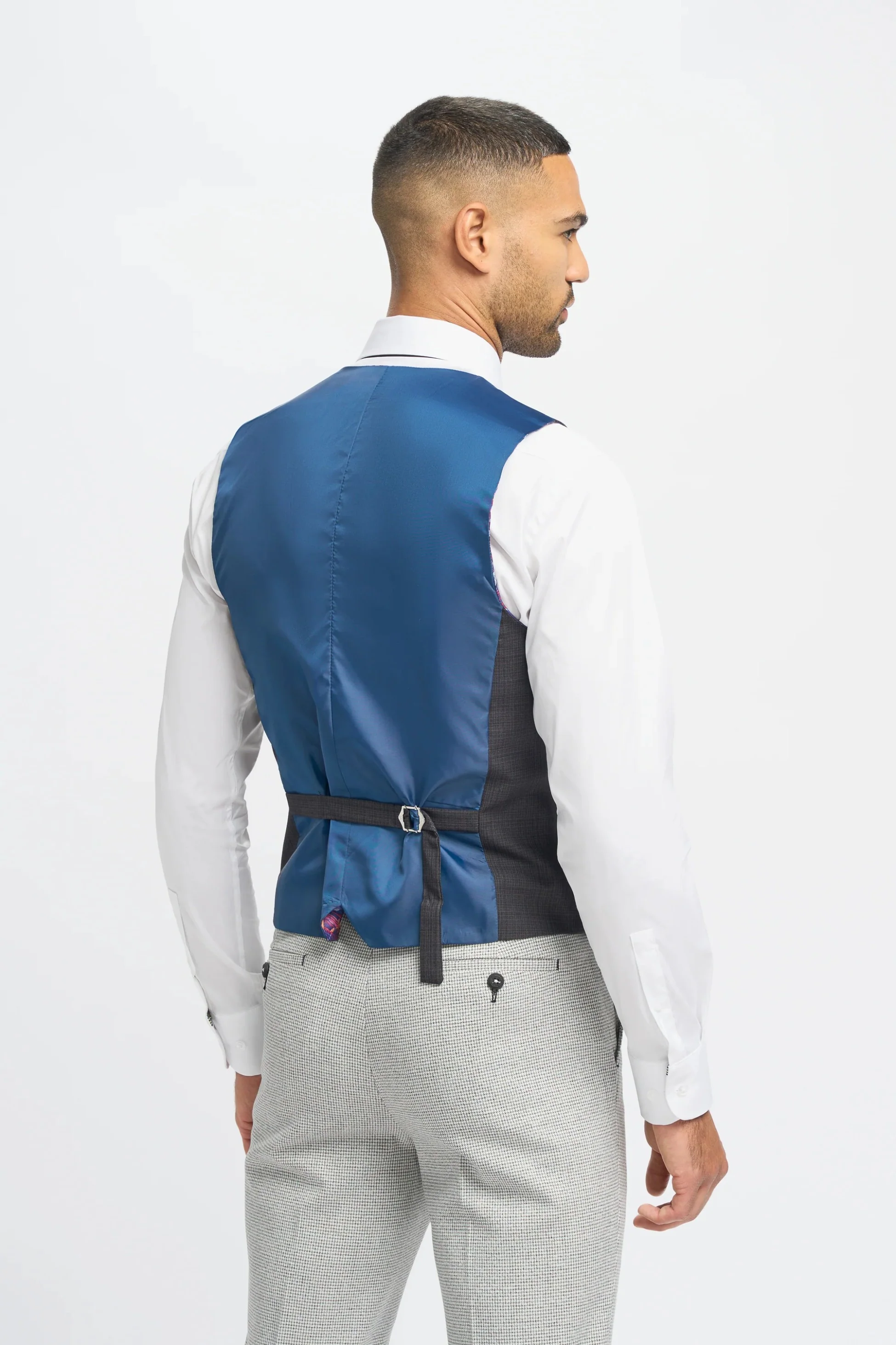 Men's Dark Grey Slim Fit Suit Jacket and Waistcoat with Light Grey Houndstooth Trousers - Grey - Image 8