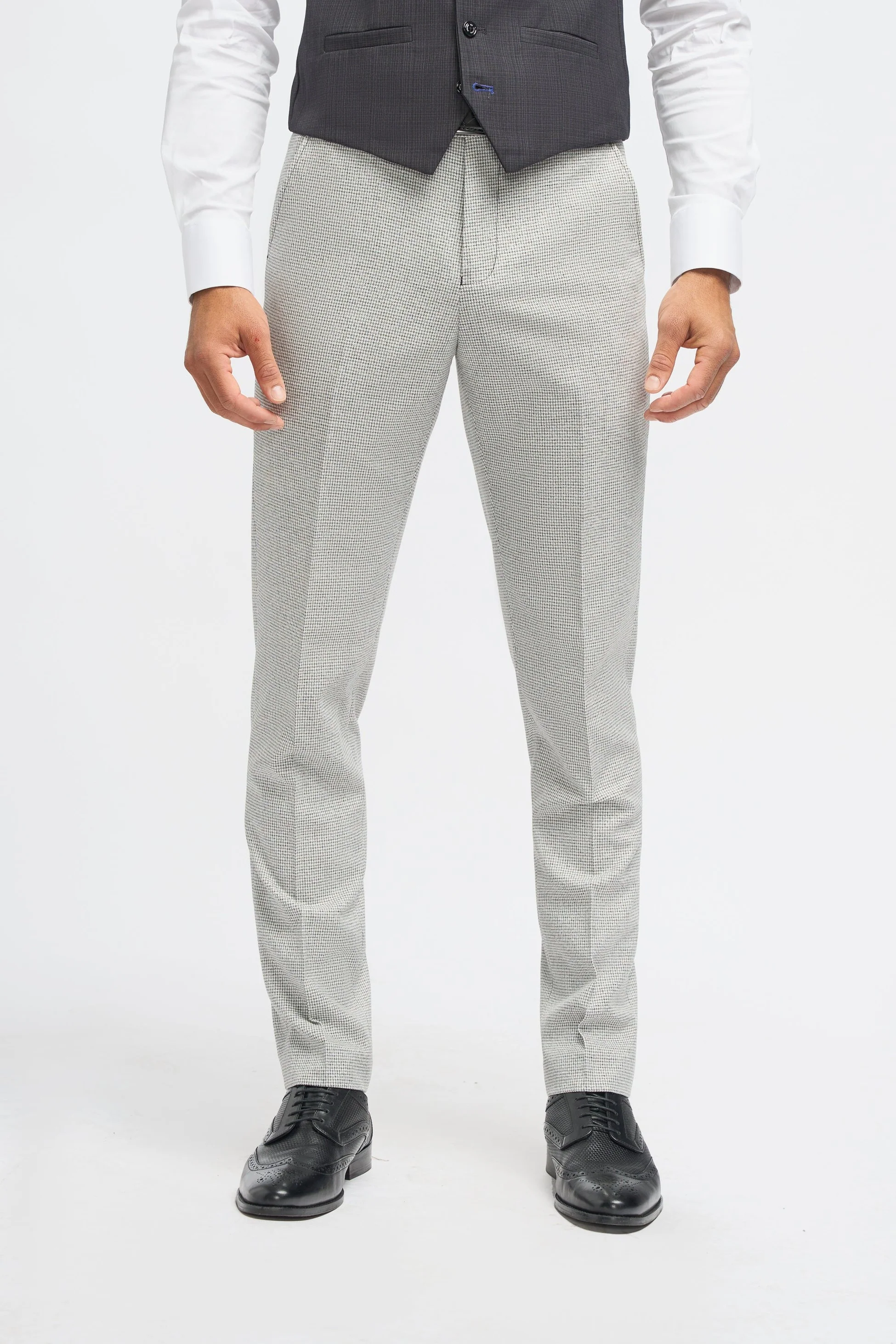 Men's Dark Grey Slim Fit Suit Jacket and Waistcoat with Light Grey Houndstooth Trousers - Grey - Image 9