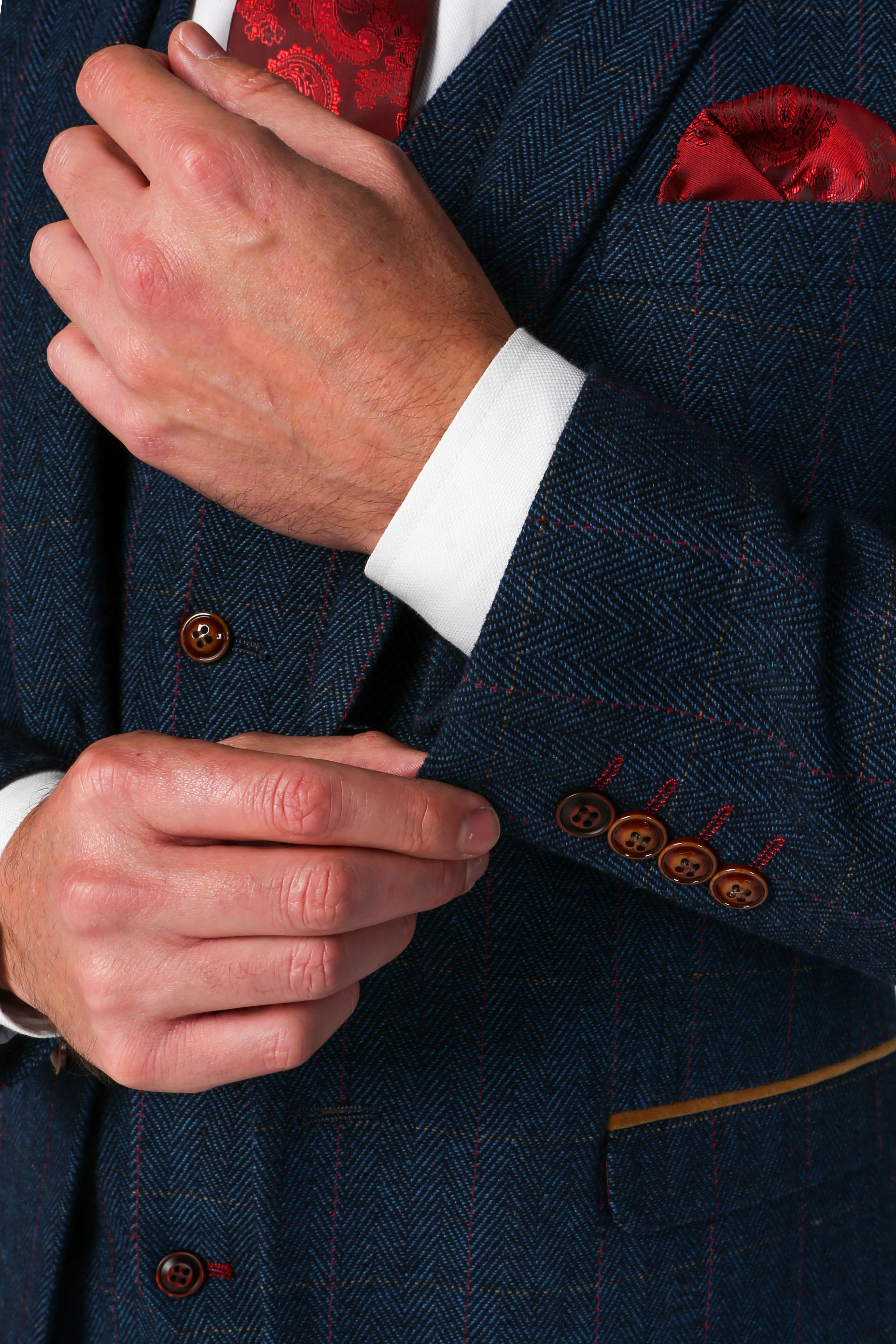 Men's Tweed Herringbone Tailored Fit Suit Jacket - SCOTT - Navy Blue - Image 6