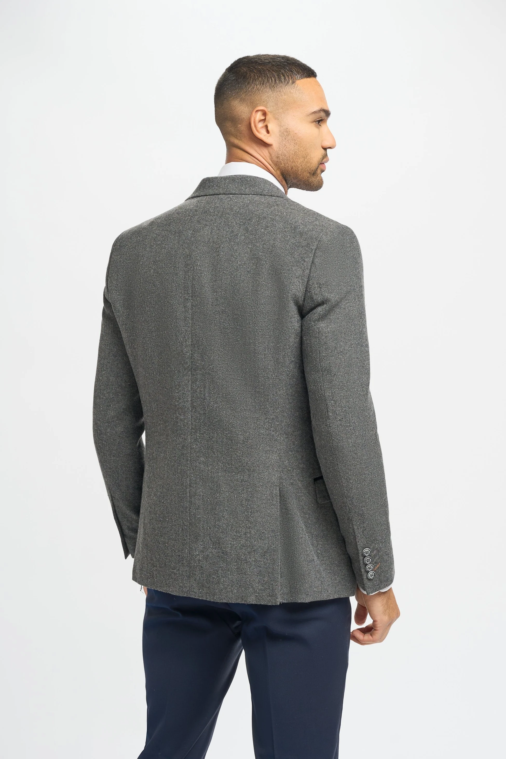 Men's Grey Herringbone Tweed Jacket and Waistcoat with Slim Fit Navy Blue Trousers - Grey - Navy Blue - Image 4