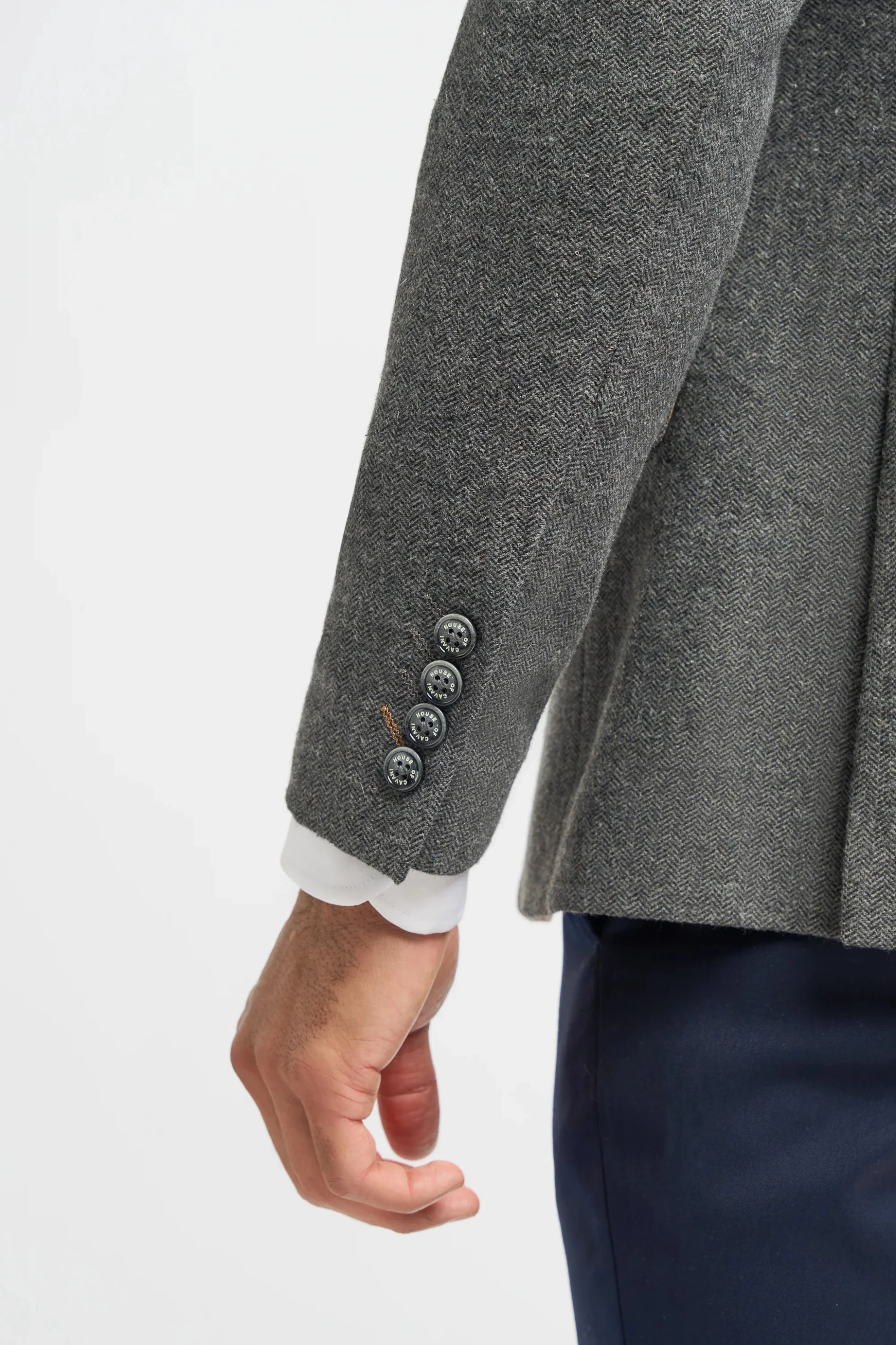 Men's Grey Herringbone Tweed Jacket and Waistcoat with Slim Fit Navy Blue Trousers - Grey - Navy Blue - Image 5