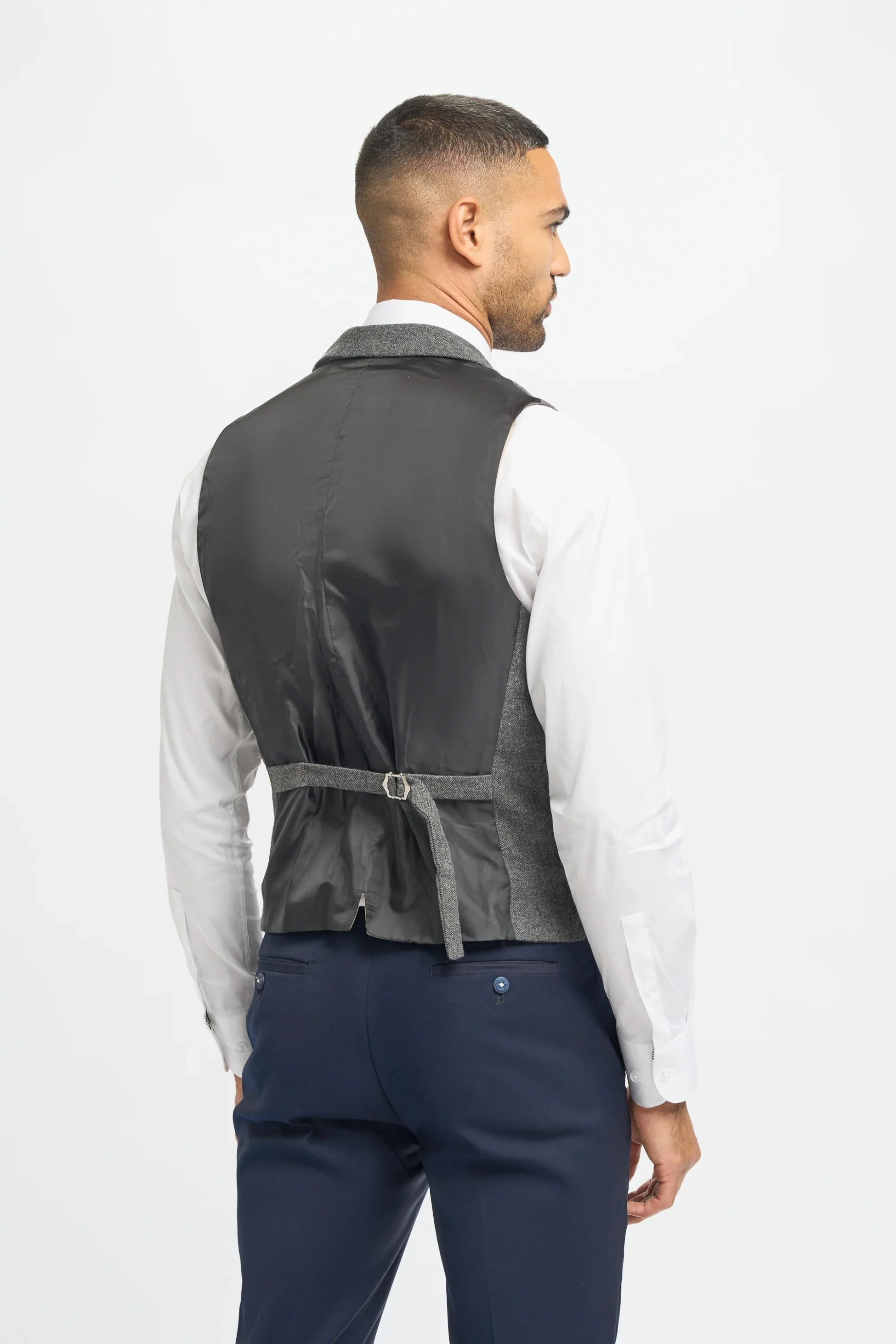 Men's Grey Herringbone Tweed Jacket and Waistcoat with Slim Fit Navy Blue Trousers - Grey - Navy Blue - Image 7