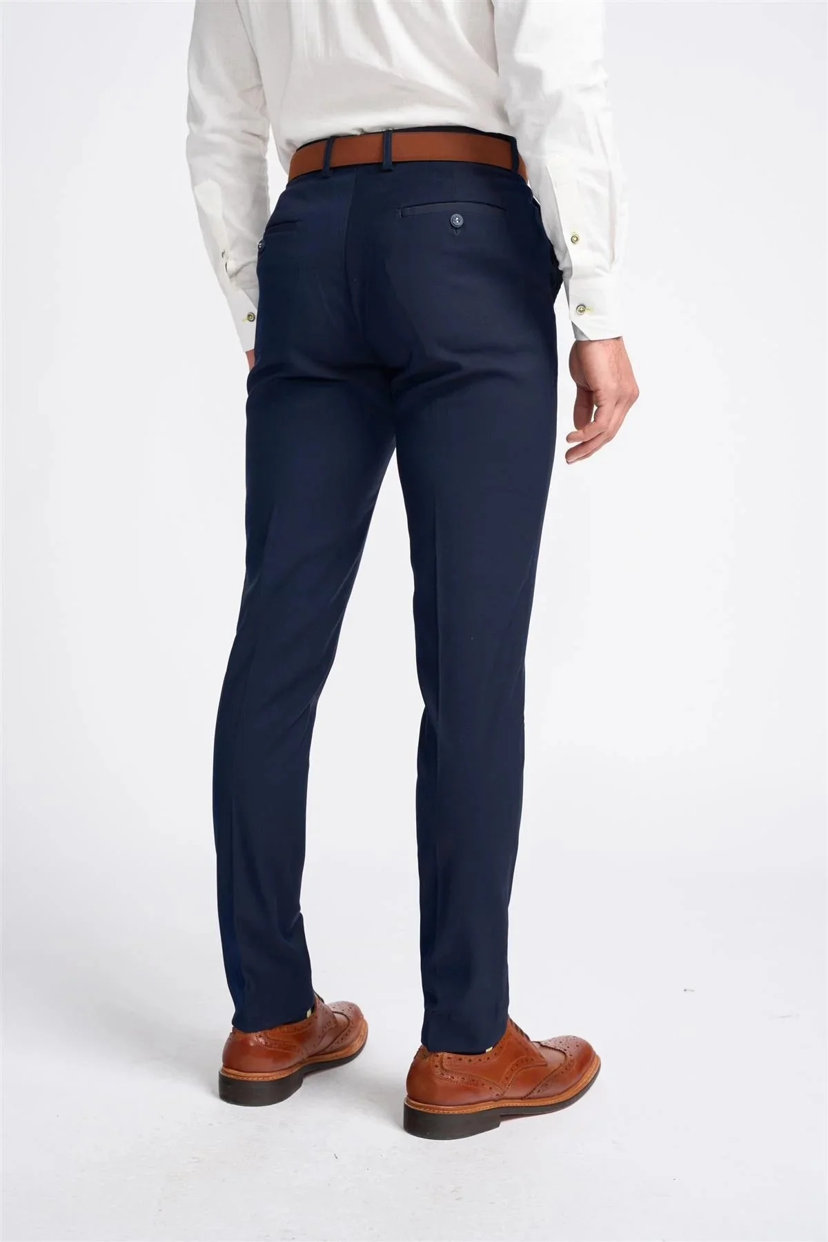Men's Grey Herringbone Tweed Jacket and Waistcoat with Slim Fit Navy Blue Trousers - Grey - Navy Blue - Image 9