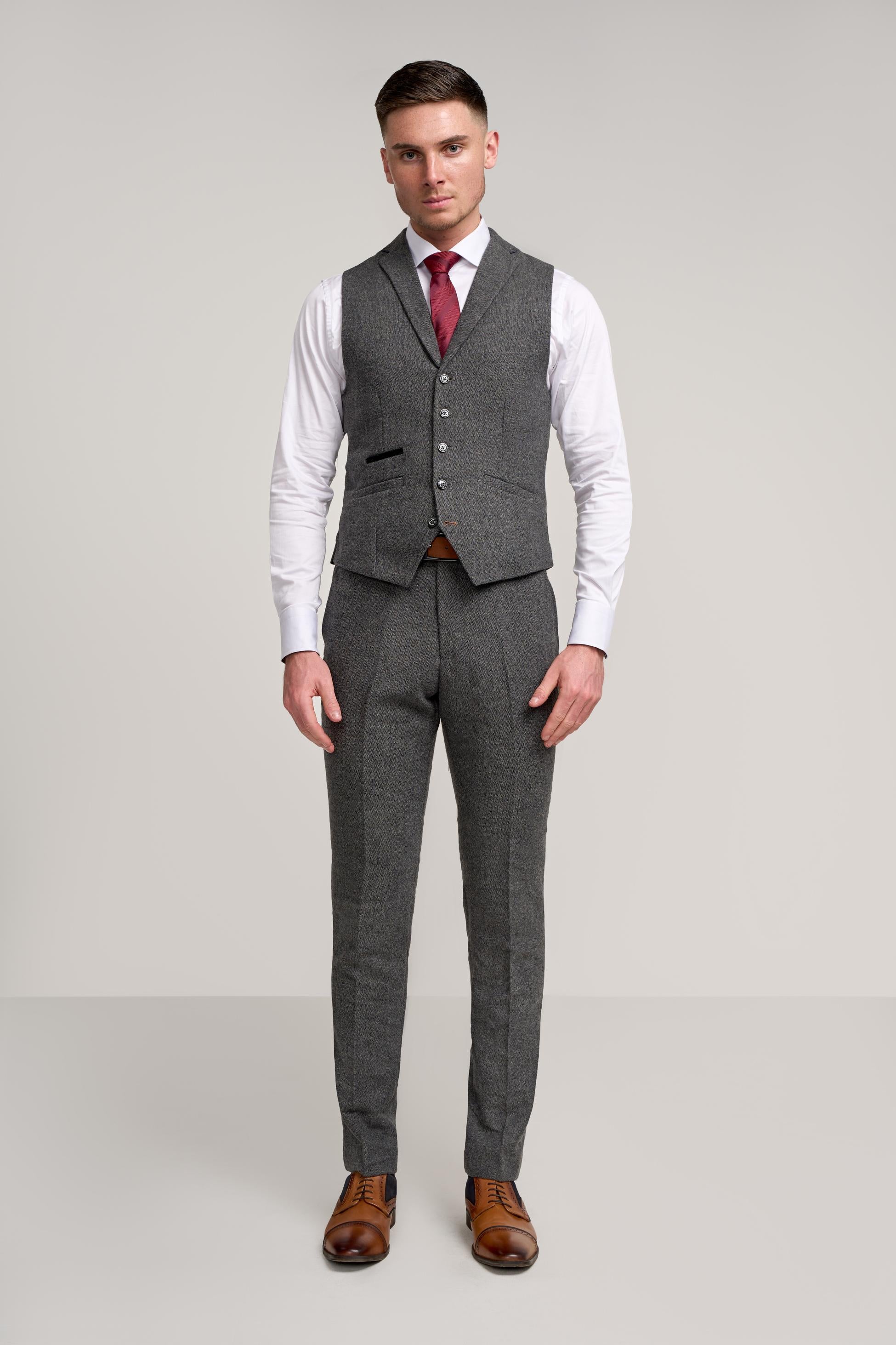 Men’s Grey Herringbone Tweed Waistcoat - COSMO - Grey - Image 2