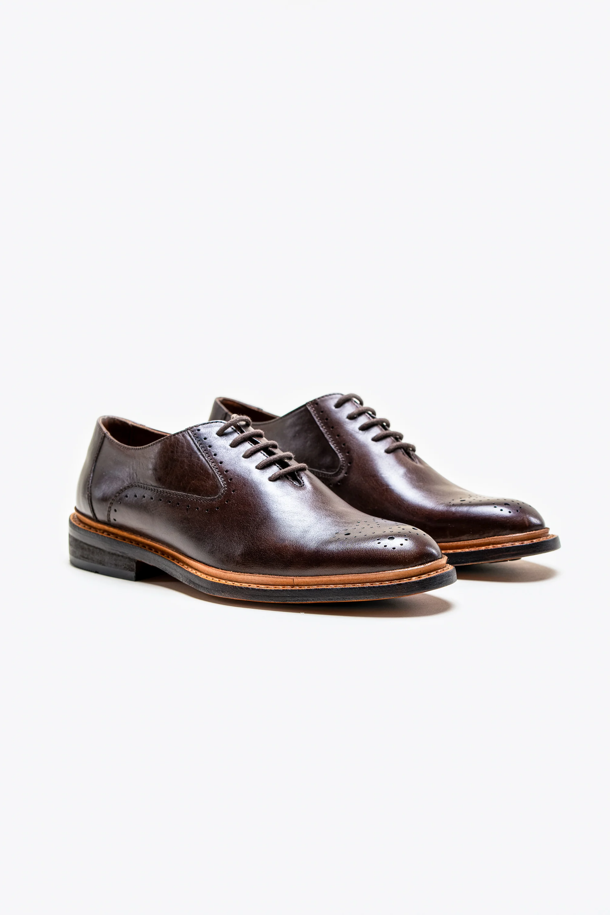 Men's Lace Up Leather Brogue Shoes - BRENTWOOD - Brown