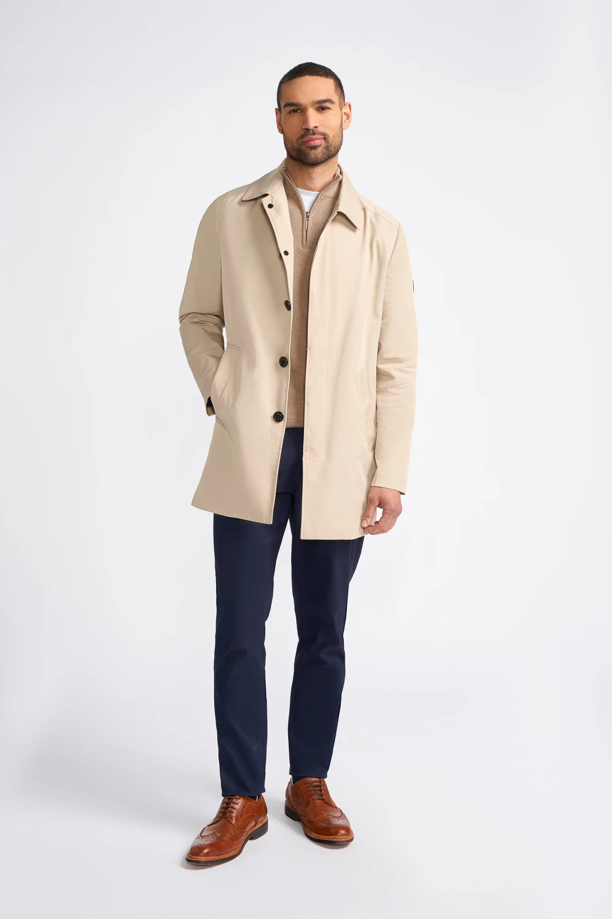 Men's Mid-Length Lightweight Casual Coat - BARRACUDA - Stone Beige - Image 2